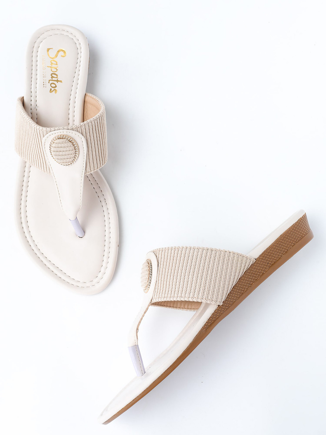 SAPATOS Women Beige Textured T-Strap Flats 
SAPATOS Women Beige Textured T-Strap Flats