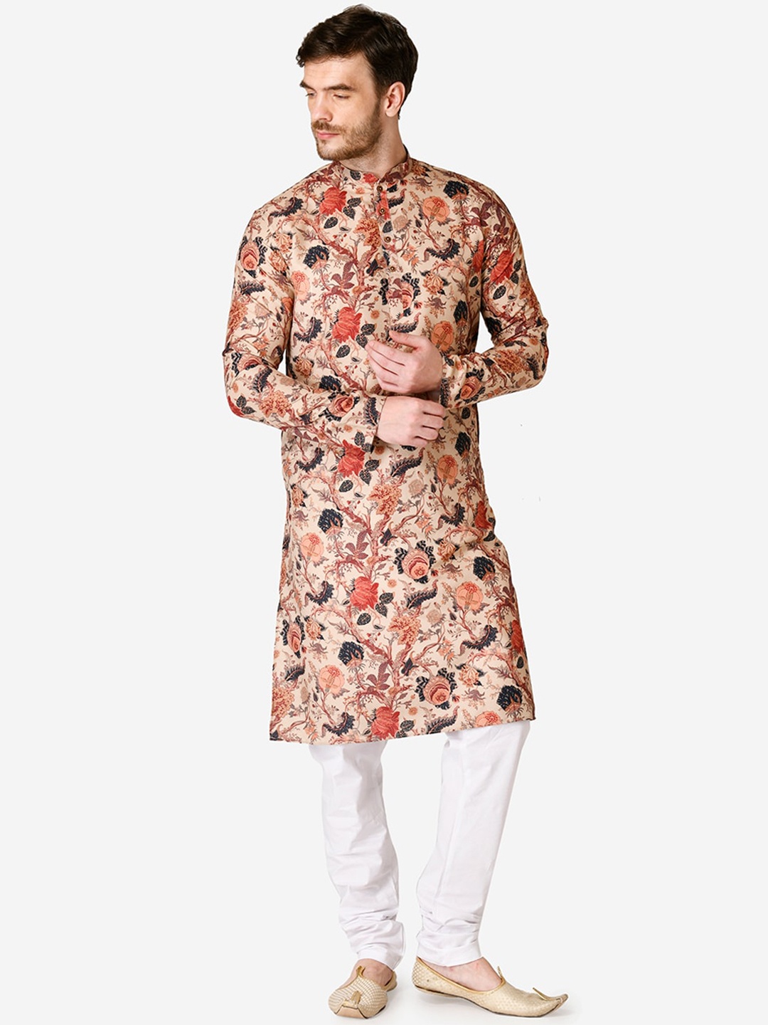 TABARD Men Beige & Orange Floral Cotton Kurta