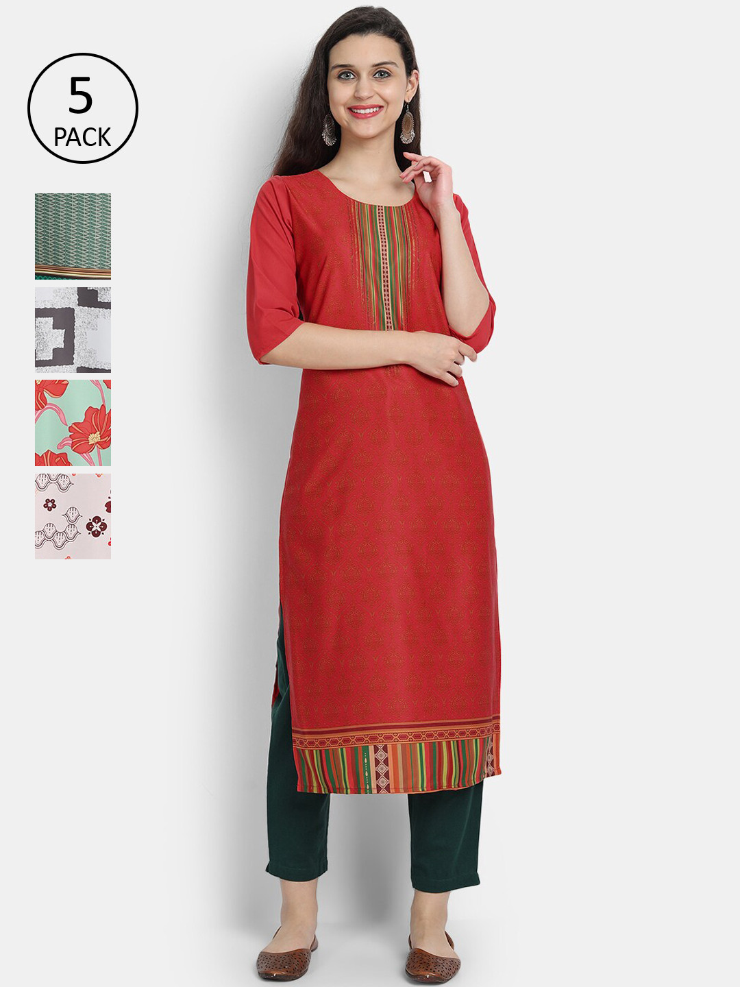 7Threads Woman Pack of 5 Multicoloured Geometric Checked Crepe Kurta, Multi 
7Threads Woman Pack of 5 Multicoloured Geometric Checked Crepe Kurta, Multi