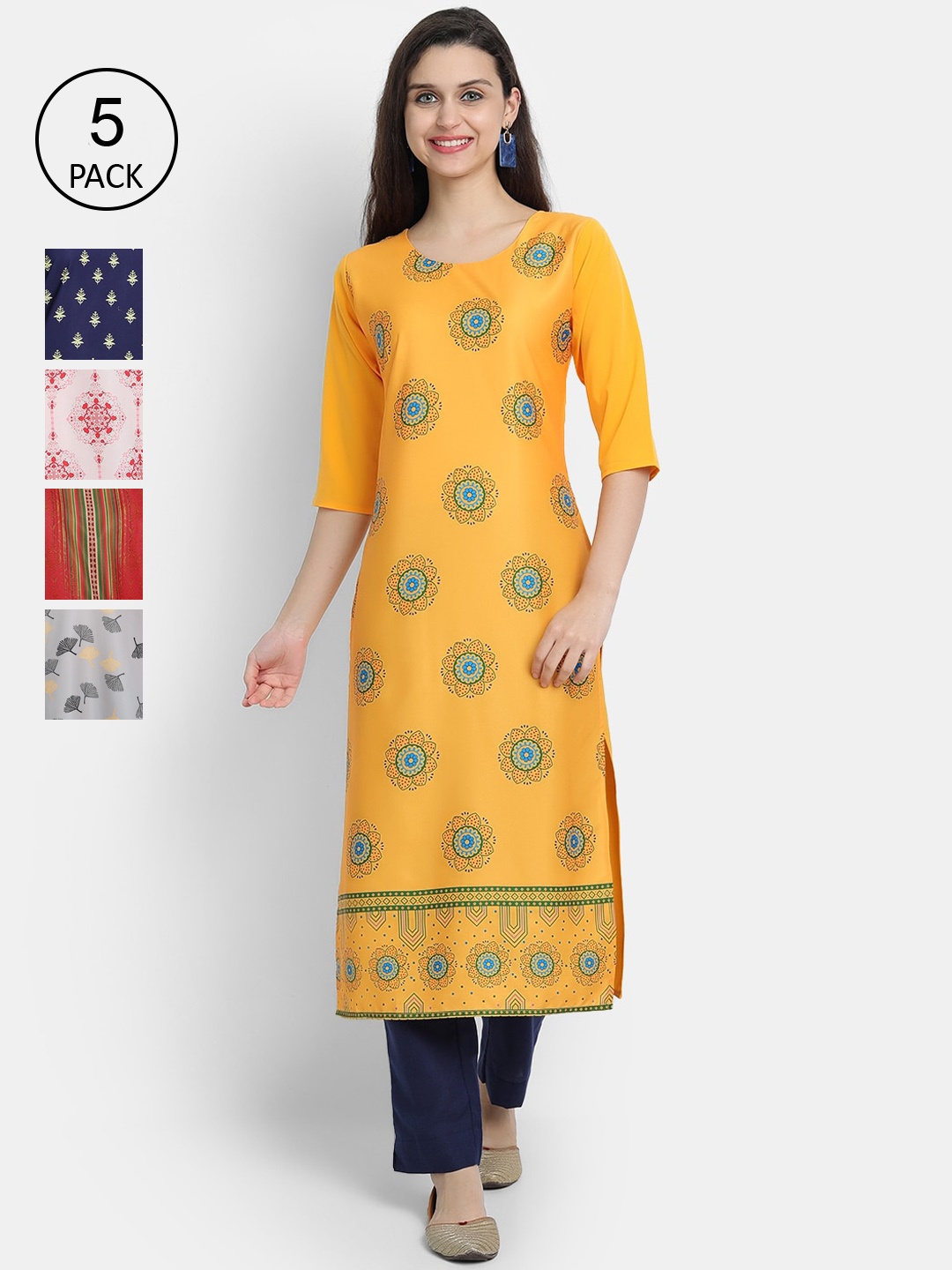 7Threads Pack of 5 Women Printed Crepe Kurta, Multi