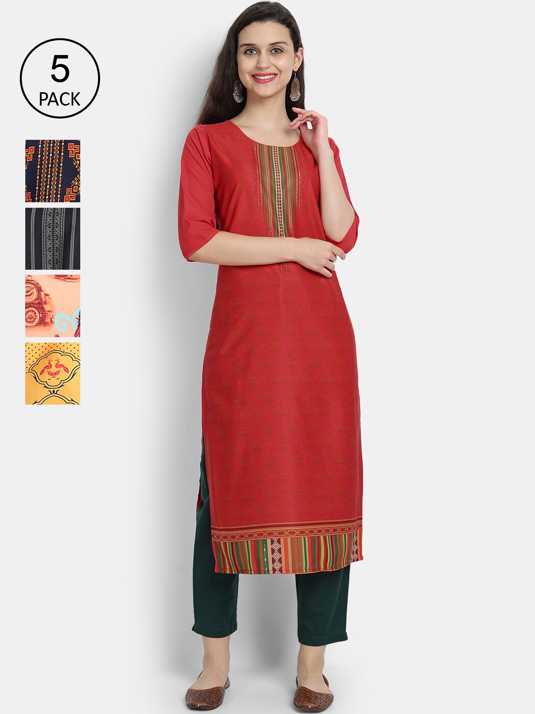 7Threads Pack of 5 Women Printed Crepe Kurta, Multi