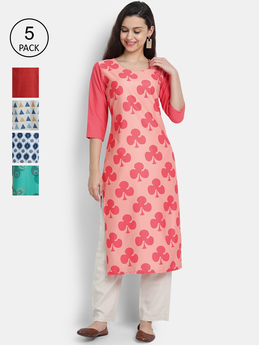 7Threads Women Pack of 5 Ethnic Motifs Printed Crepe Kurta, Red