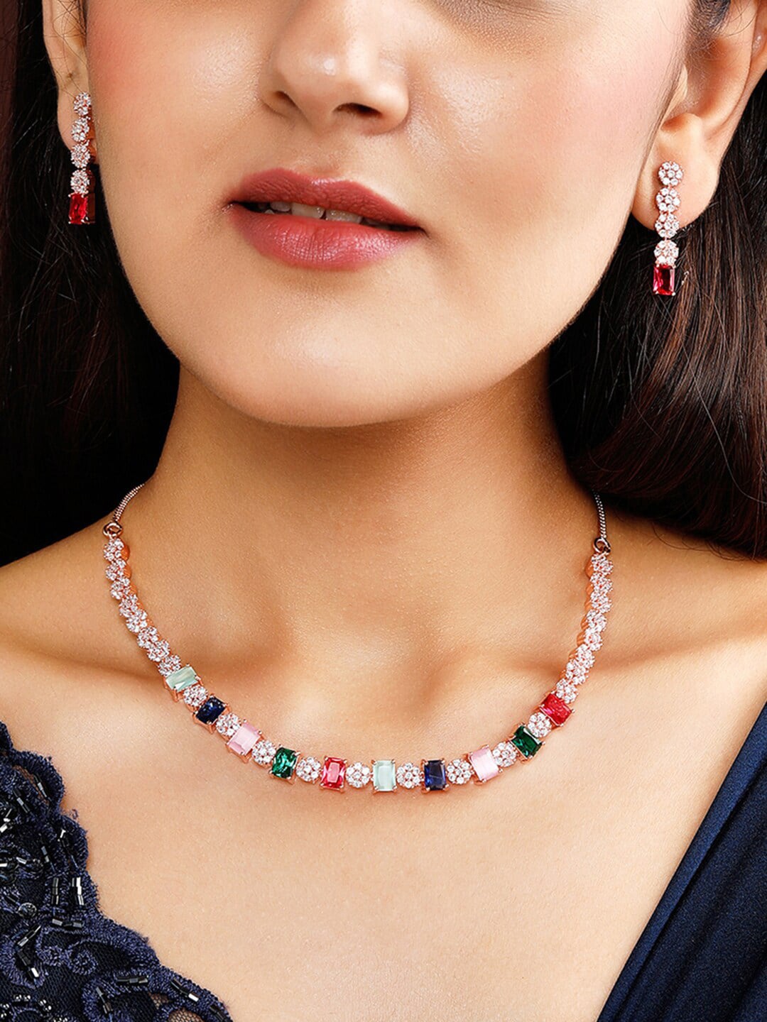 Rubans Premium 22K Rose Gold Plated Multi Colored Gemstones & CZ Studded Necklace Set
Rubans Premium 22K Rose Gold Plated Multi Colored Gemstones & CZ Studded Necklace Set