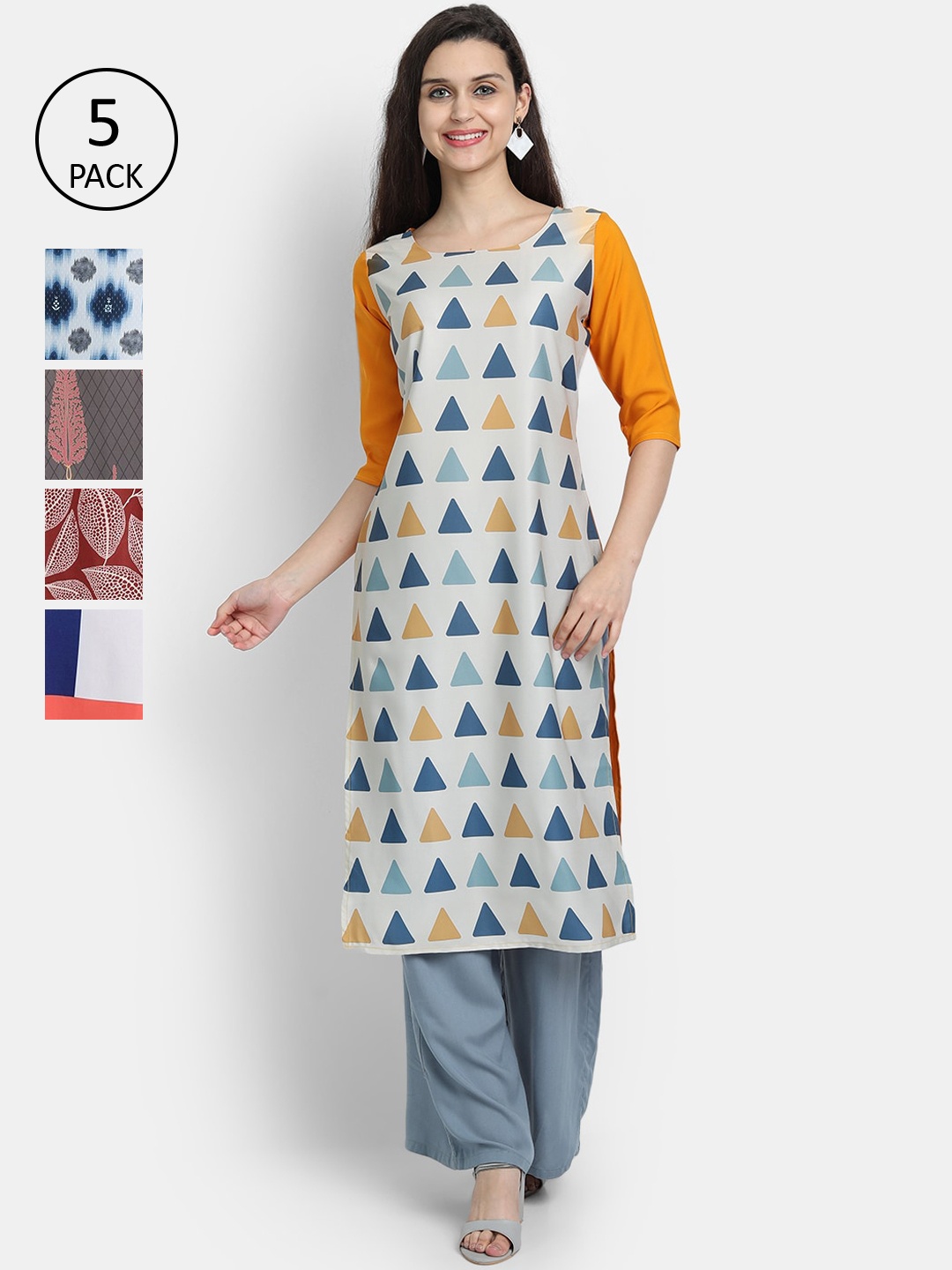 7Threads Women Multicoloured Pack of 5 Geometric Printed Thread Work Crepe Kurta, Multi
7Threads Women Multicoloured Pack of 5 Geometric Printed Thread Work Crepe Kurta, Multi