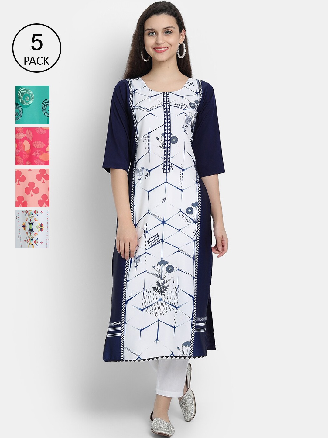 7Threads Women Pack Of 5 Printed Crepe Kurta, White