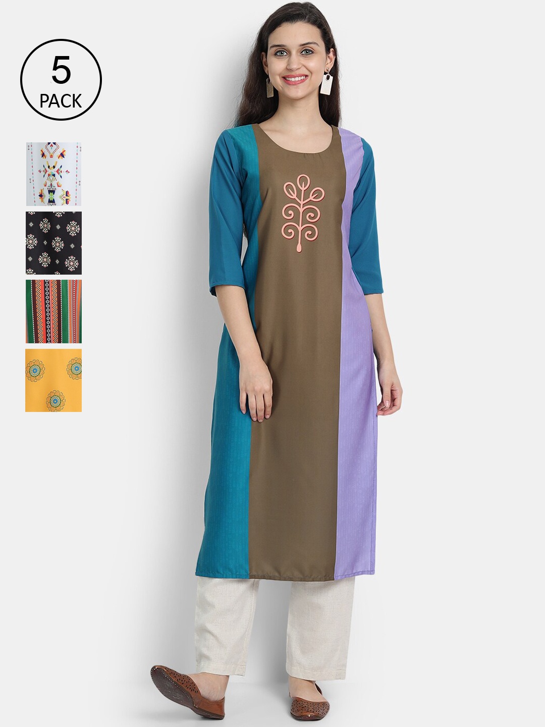 7Threads Women Multicoloured Pack of 5 Floral Printed Thread Work Crepe Kurta, Multi
