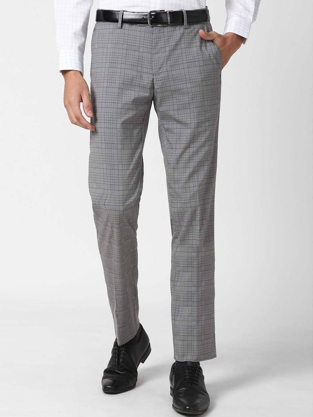 Peter England Men Grey Checked Slim Fit Trousers