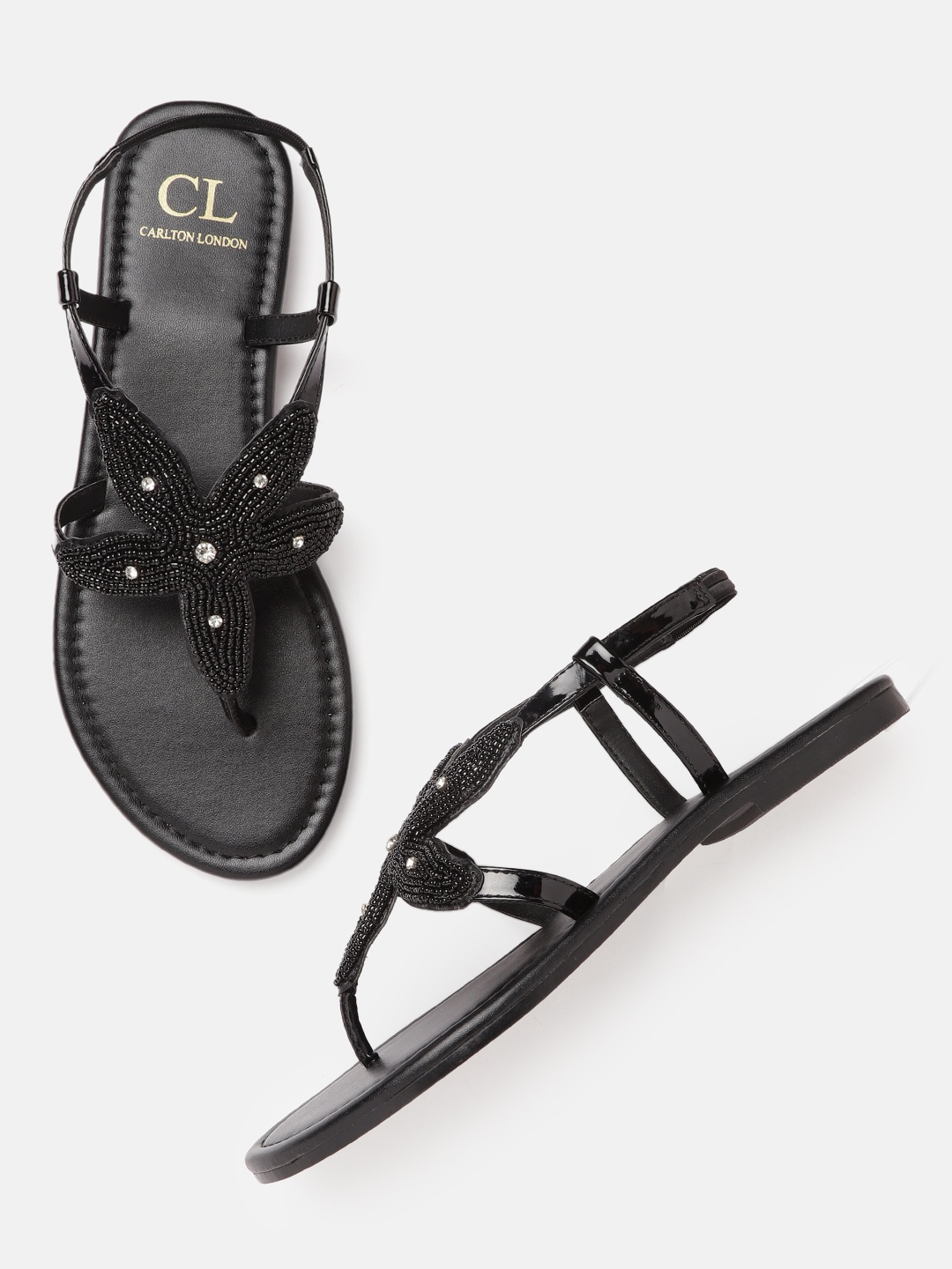 Carlton London Women Black Embellished Open Toe Flats