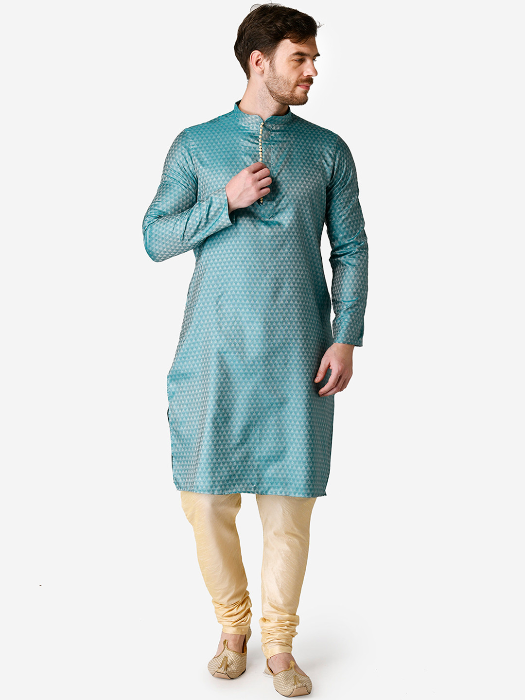 TABARD Men Blue & Golden Jacquard Printed Kurta with Churidar
TABARD Men Blue & Golden Jacquard Printed Kurta with Churidar