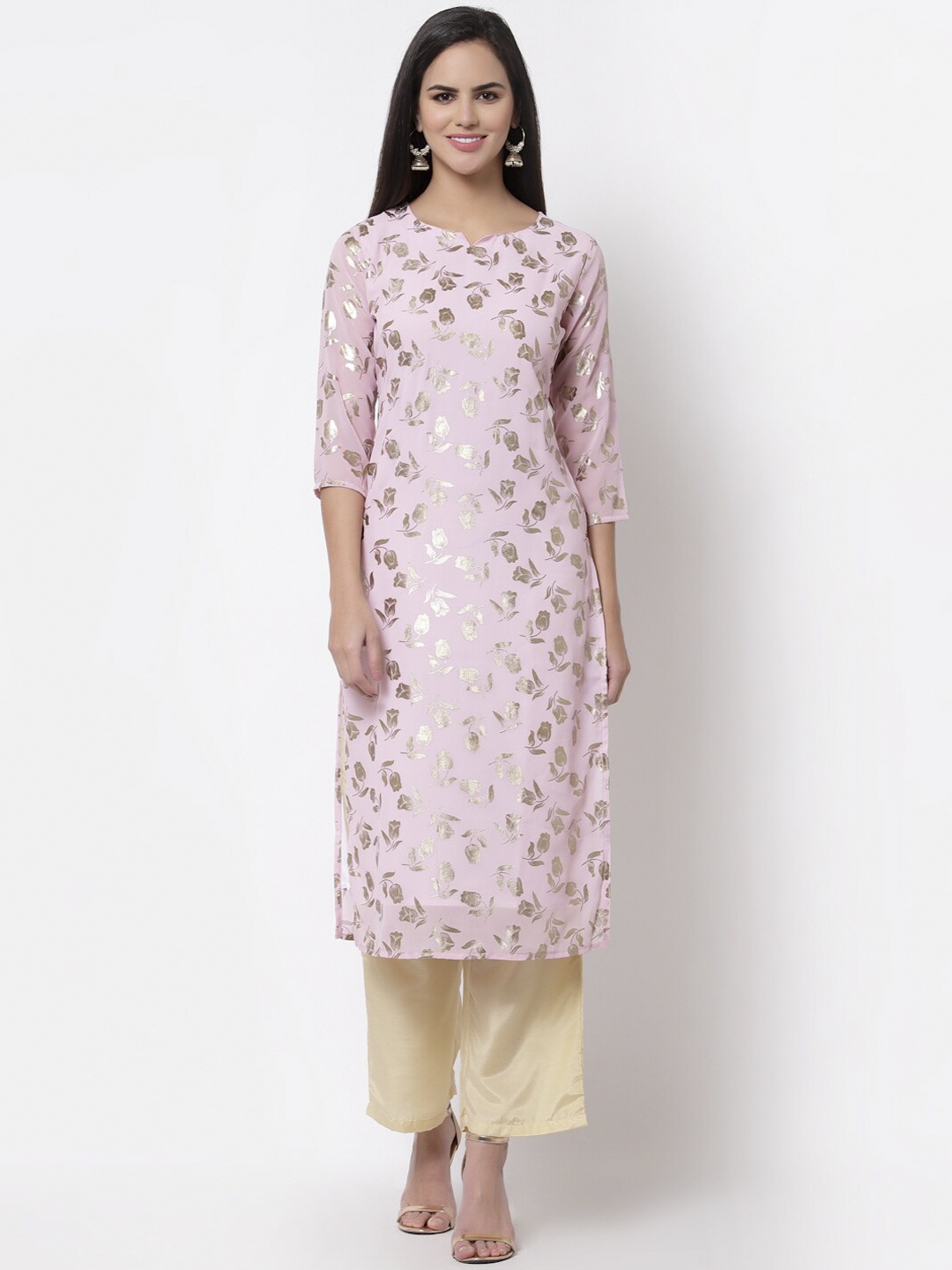 Myshka Women Pink & Gold-Toned Floral Printed Georgette Kurta