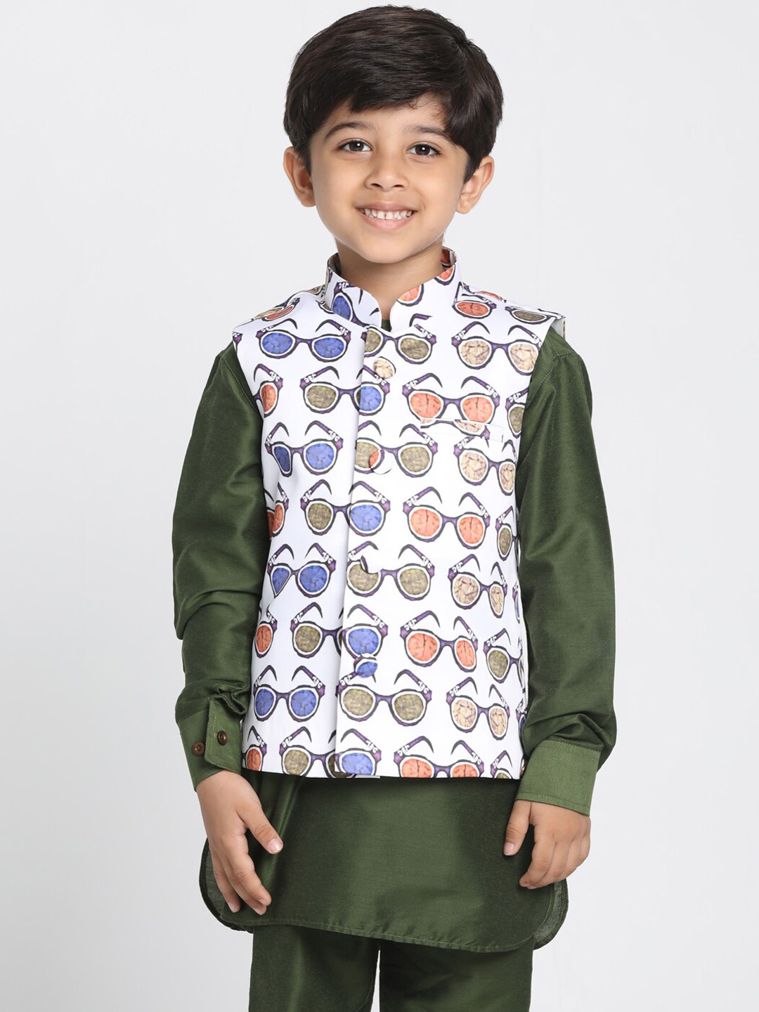 JBN Creation Boys White & Blue Printed Slim-Fit Satin Nehru Jacket
