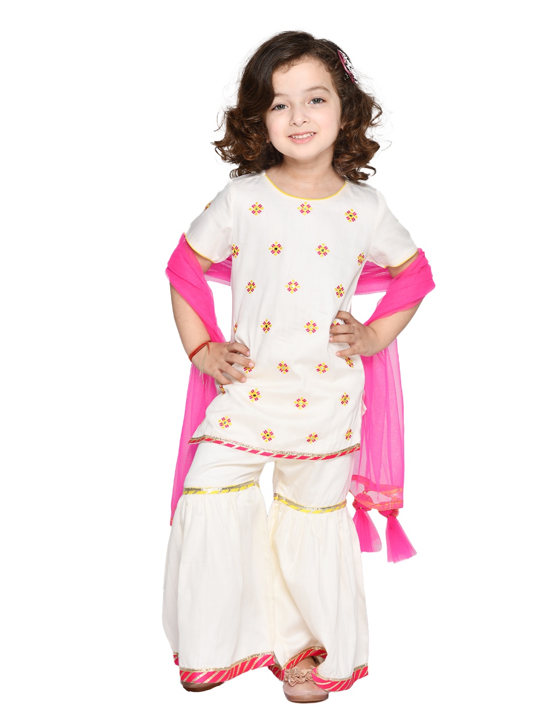 SAKA DESIGNS Girls Off White Floral Mirror Work Pure Cotton Kurti with Sharara & With