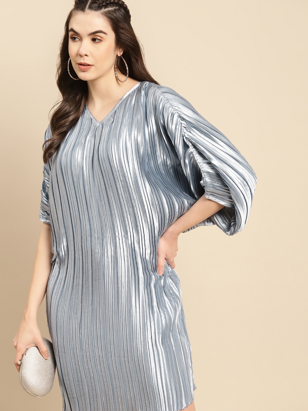 MABISH by Sonal Jain Blue Satin Finish Accordion Pleats Dolman Sleeves Shift Dress
MABISH by Sonal Jain Blue Satin Finish Accordion Pleats Dolman Sleeves Shift Dress