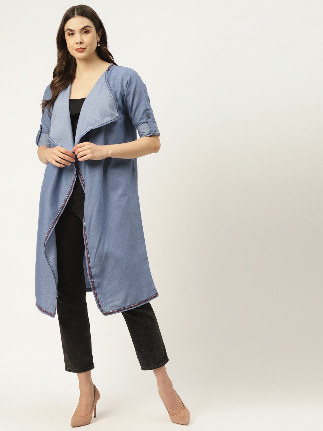 urSense Women Blue Solid Chambray Embroidered Detail Cotton Longline Open-Front Shrug
urSense Women Blue Solid Chambray Embroidered Detail Cotton Longline Open-Front Shrug