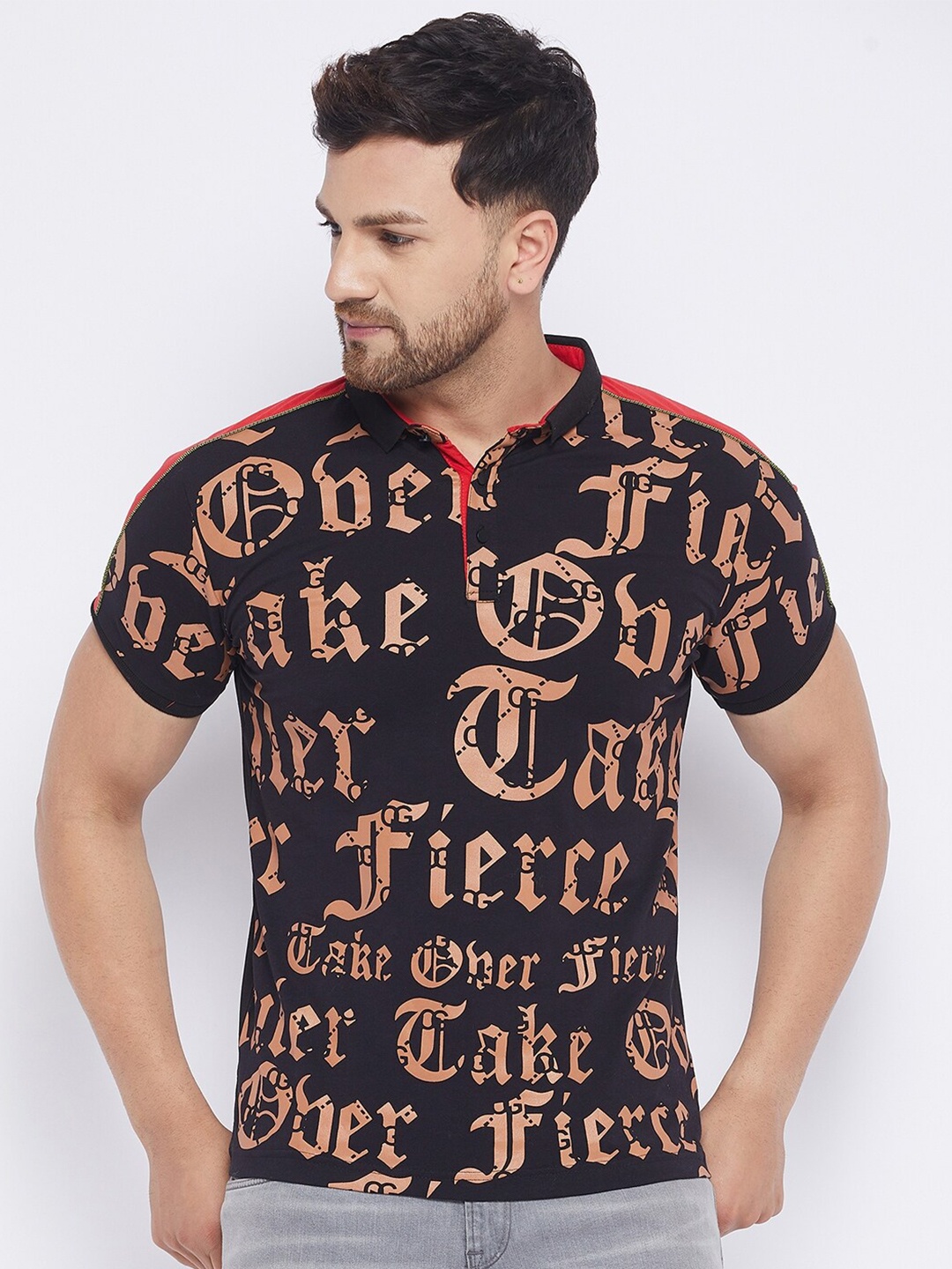 QUBIC Men Black Typography Printed Polo Collar Slim Fit T-shirt