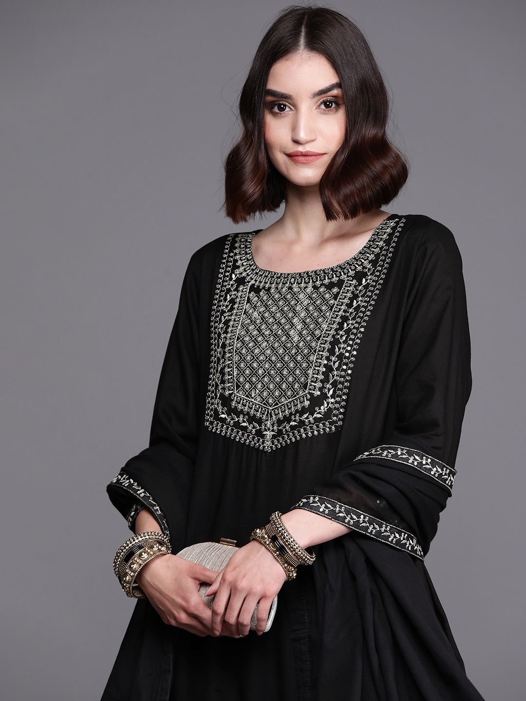 INDYES Women Black Yoke Design Zardozi Pure Cotton Kurta with Trousers & Dupatta
INDYES Women Black Yoke Design Zardozi Pure Cotton Kurta with Trousers & Dupatta