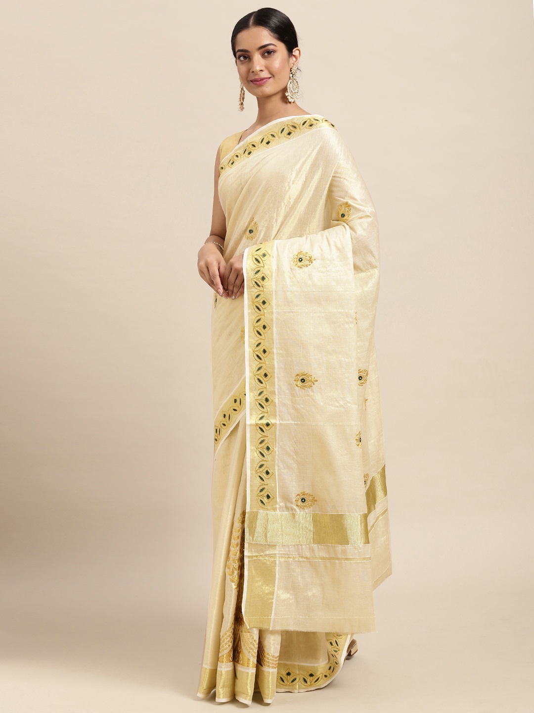 Thara Sarees Cream-Coloured & Golden Handloom Zari Embroidered Pure Cotton Kasavu Saree
Thara Sarees Cream-Coloured & Golden Handloom Zari Embroidered Pure Cotton Kasavu Saree