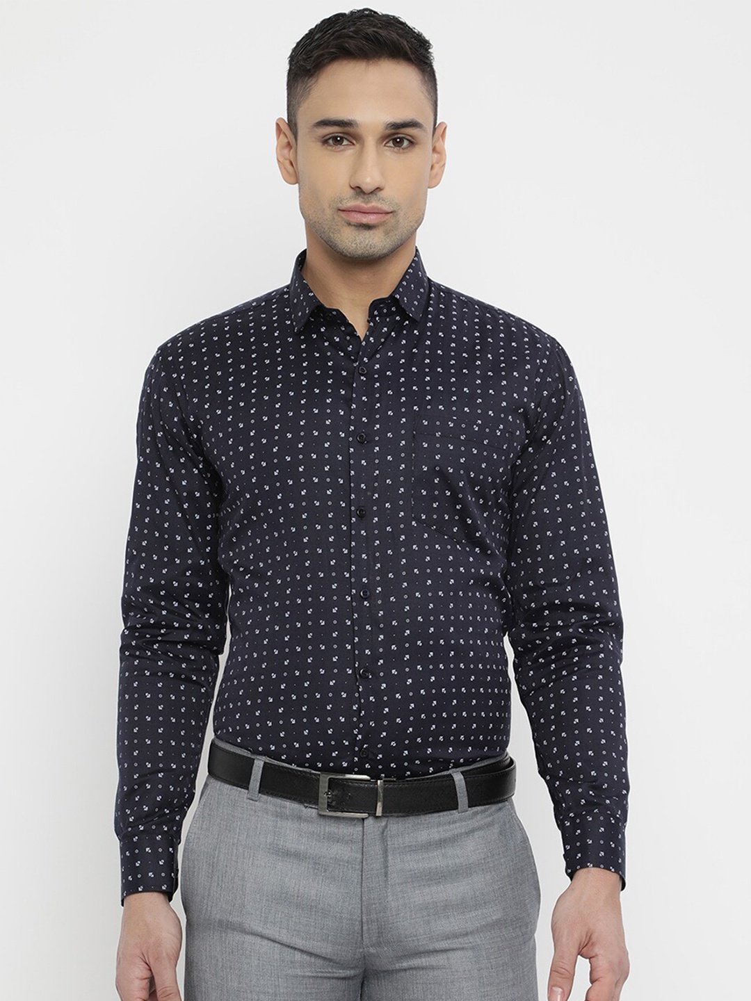 V2 Value & Variety Men Navy Blue Printed Formal Shirt