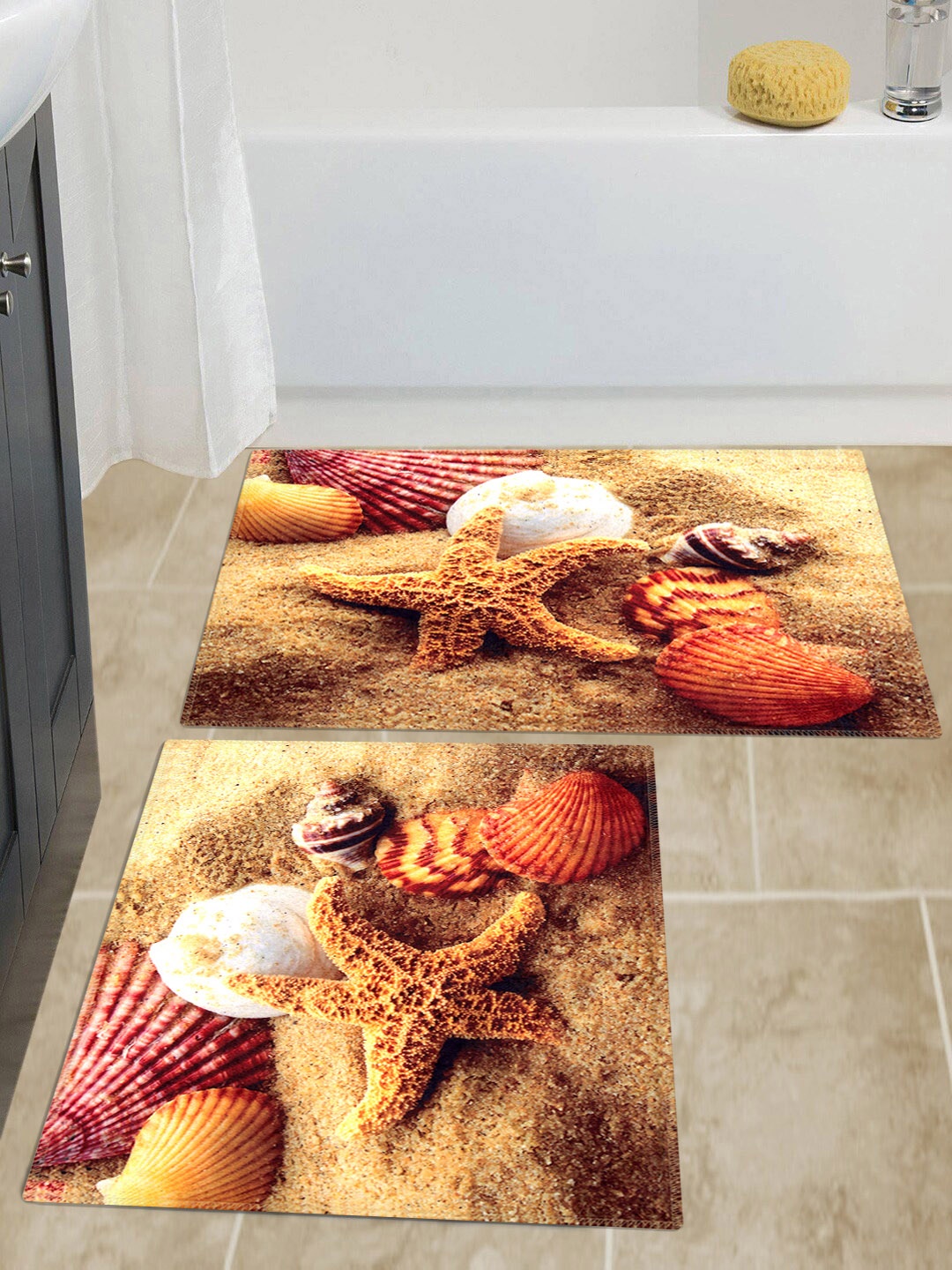 Story@home Set Of 2 Beige & White Printed Anti-Skid Doormats
