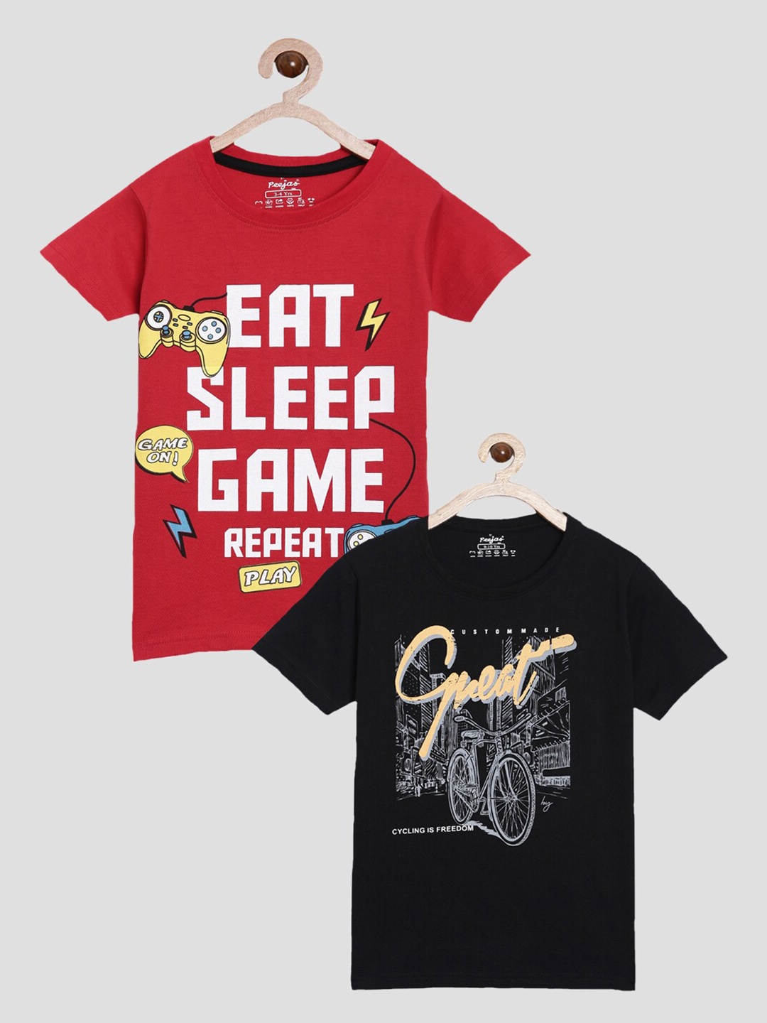 Peejas Boys Red & Black Set of 2 Typography Printed Cotton T-shirt