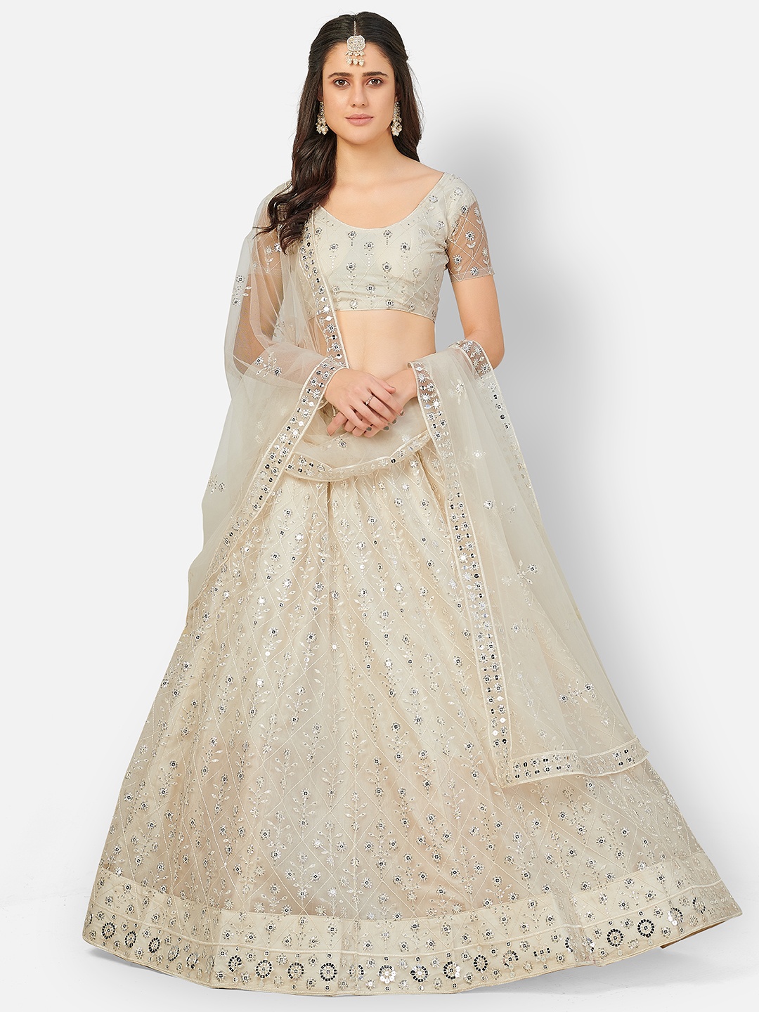 SHOPGARB Off White & Silver-Toned Embroidered Semi-Stitched Lehenga & Unstitched Blouse
SHOPGARB Off White & Silver-Toned Embroidered Semi-Stitched Lehenga & Unstitched Blouse
