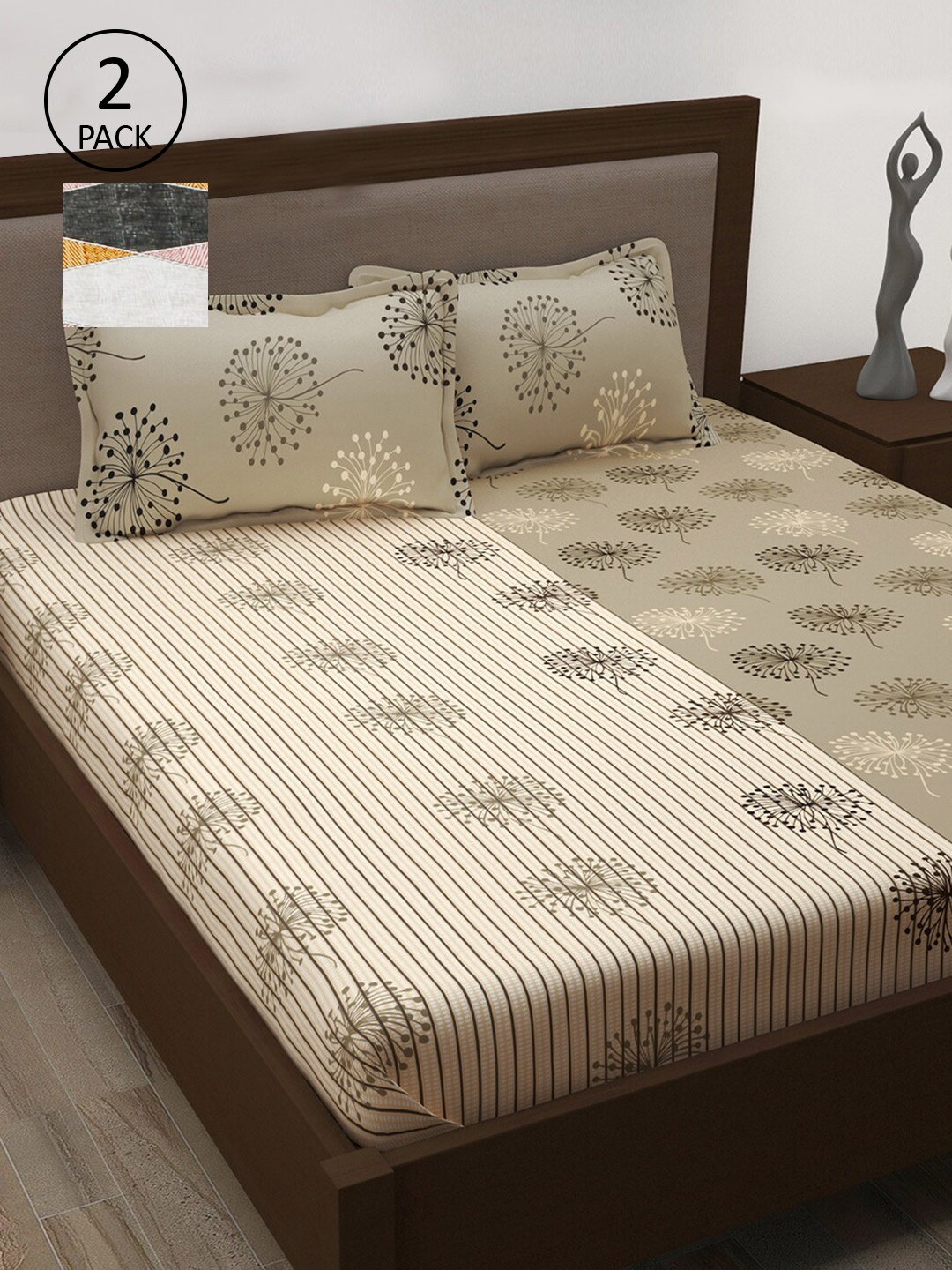 Story@home Unisex Beige & Black 186TC 2 Queen size Bedsheet with 4 Pillow Cover