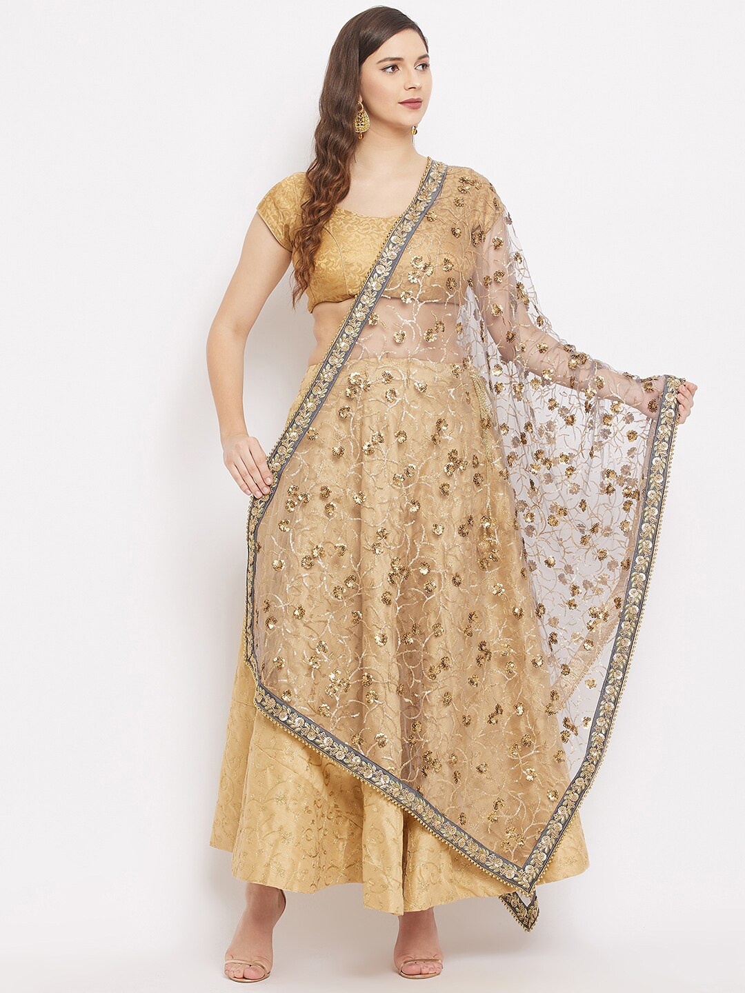 Clora Creation Grey & Gold-Toned Ethnic Motifs Embroidered Net Dupatta with Sequinned
Clora Creation Grey & Gold-Toned Ethnic Motifs Embroidered Net Dupatta with Sequinned
