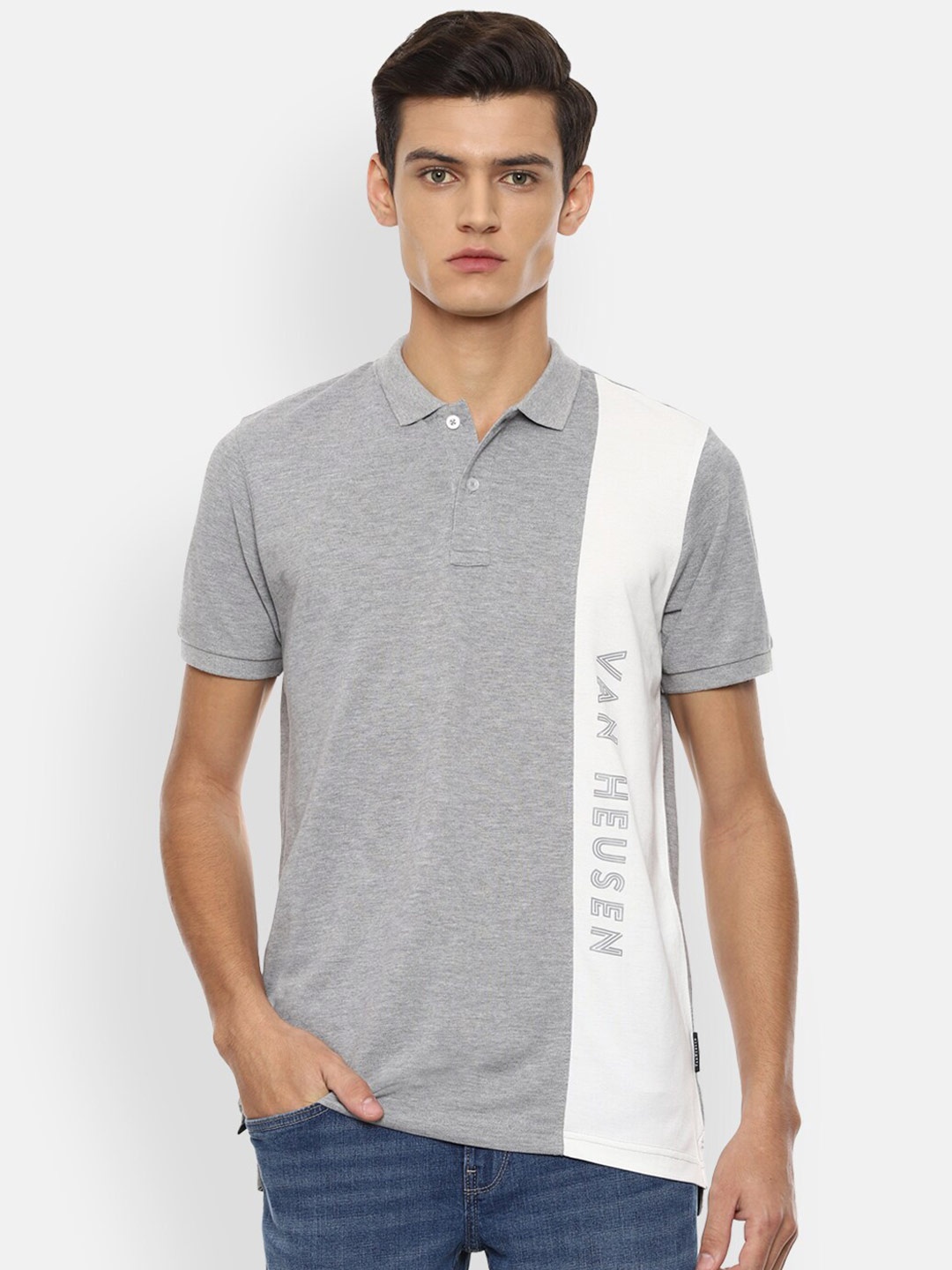 Van Heusen Sport Men Grey Typography Polo Collar Applique T-shirt