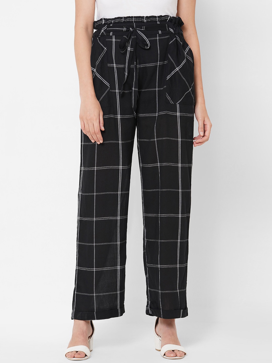 PAPA BRANDS Women Black & White Checked High-Rise Trousers