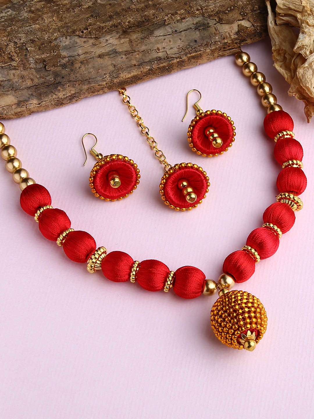 AKSHARA Gold-Plated & Red Stone-Studded & Beaded Wooden Balls Silk Thread Jewellery Set
AKSHARA Gold-Plated & Red Stone-Studded & Beaded Wooden Balls Silk Thread Jewellery Set