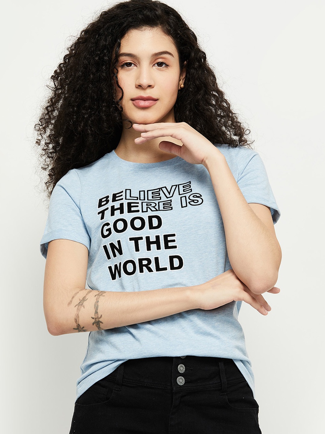 max Women Blue & Black Typography Printed T-shirt