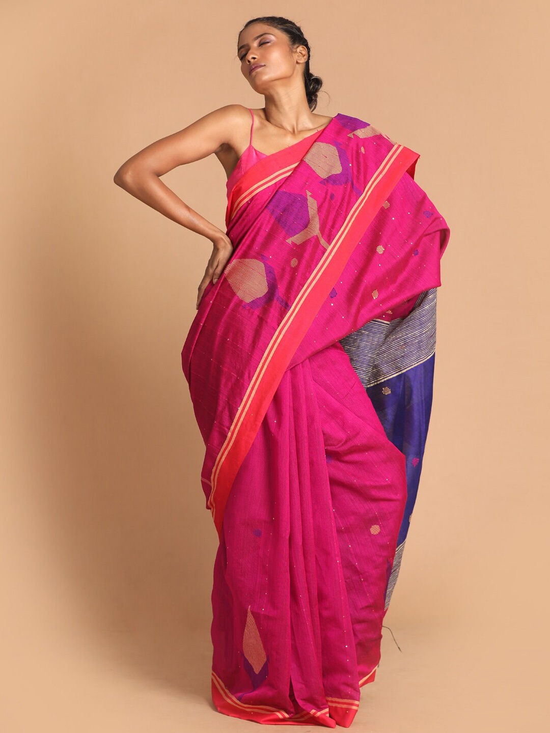 Indethnic Purple & Pink Ethnic Motifs Jamdani Saree