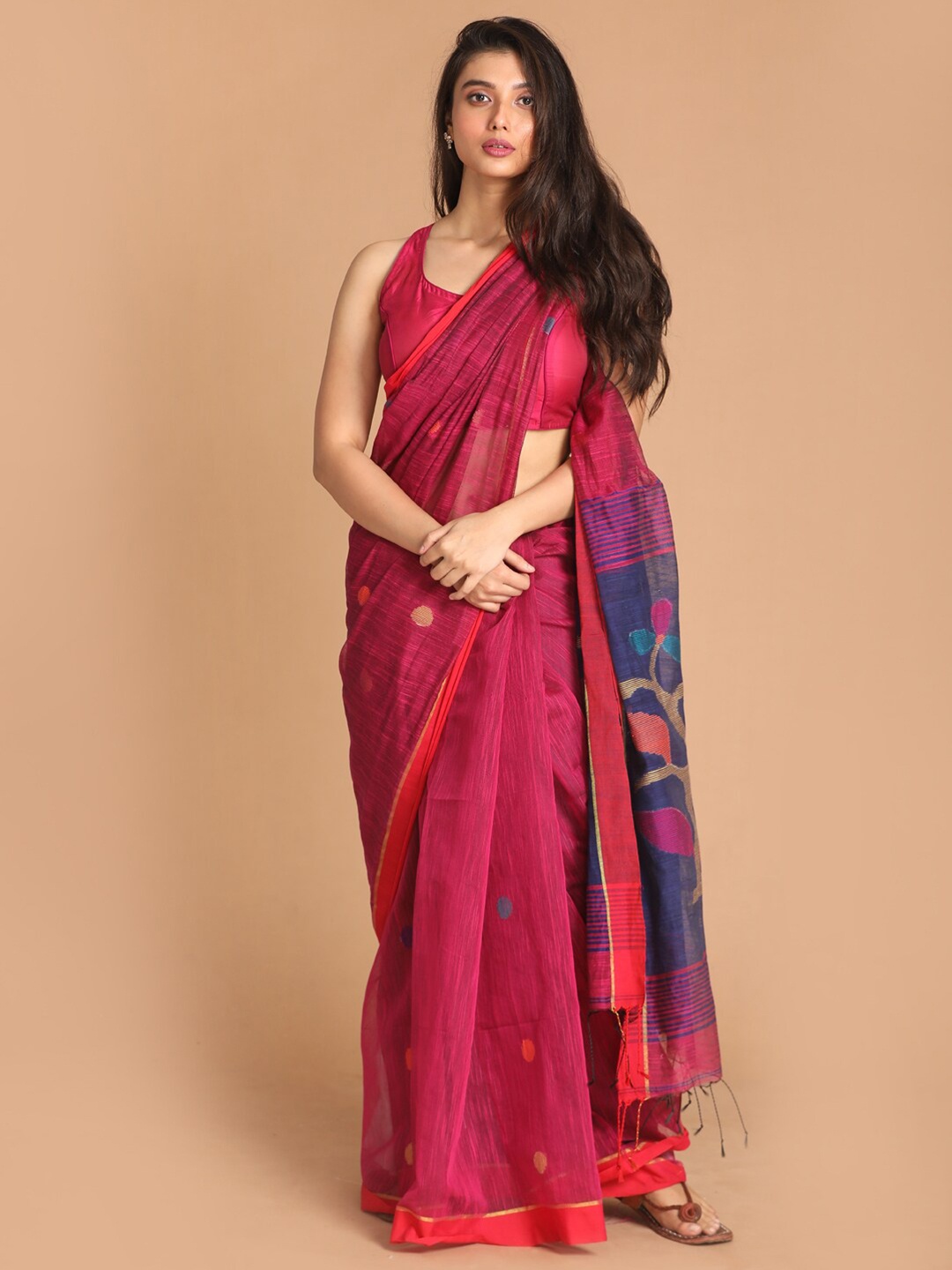 Indethnic Pink & Blue Woven Design Jamdani Saree