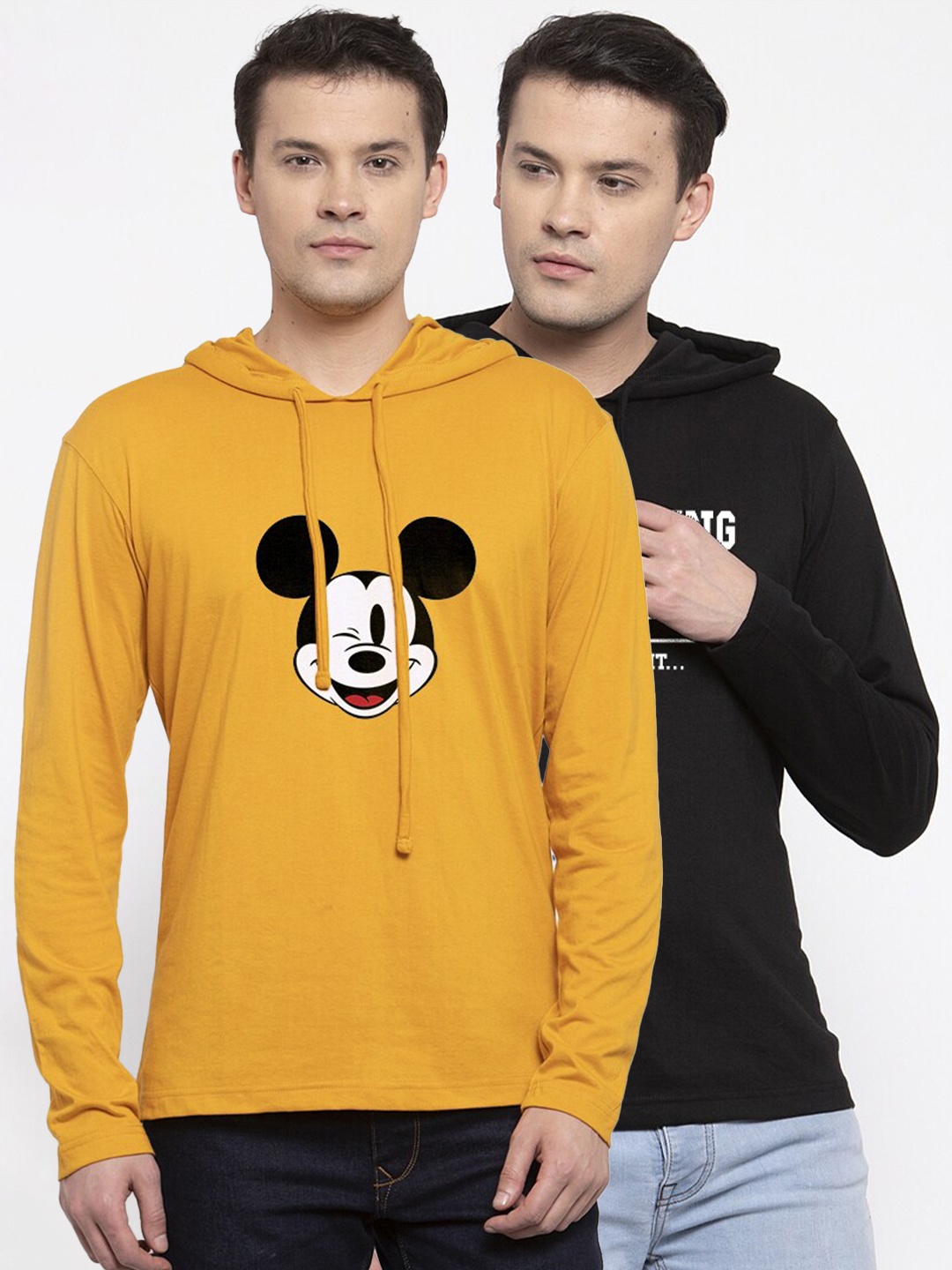 Friskers Men Pack Of 2 Yellow & Black Mickey Mouse Printed T-shirt