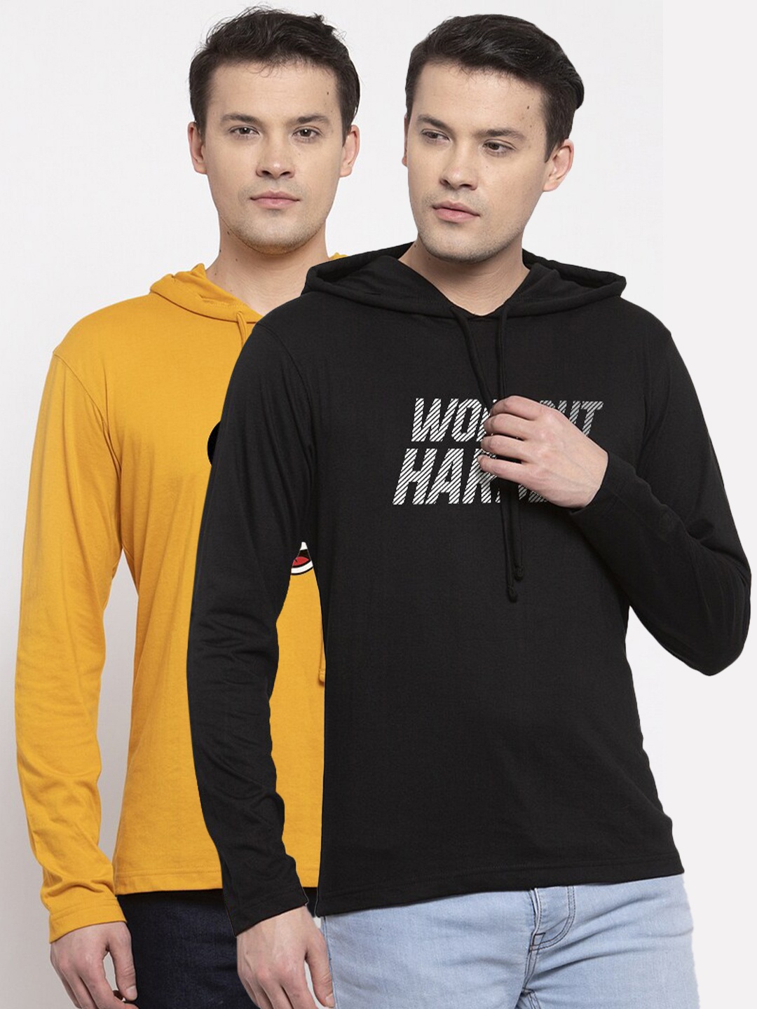 Friskers Men Pack Of 2 Yellow & Black Typography Printed T-shirt