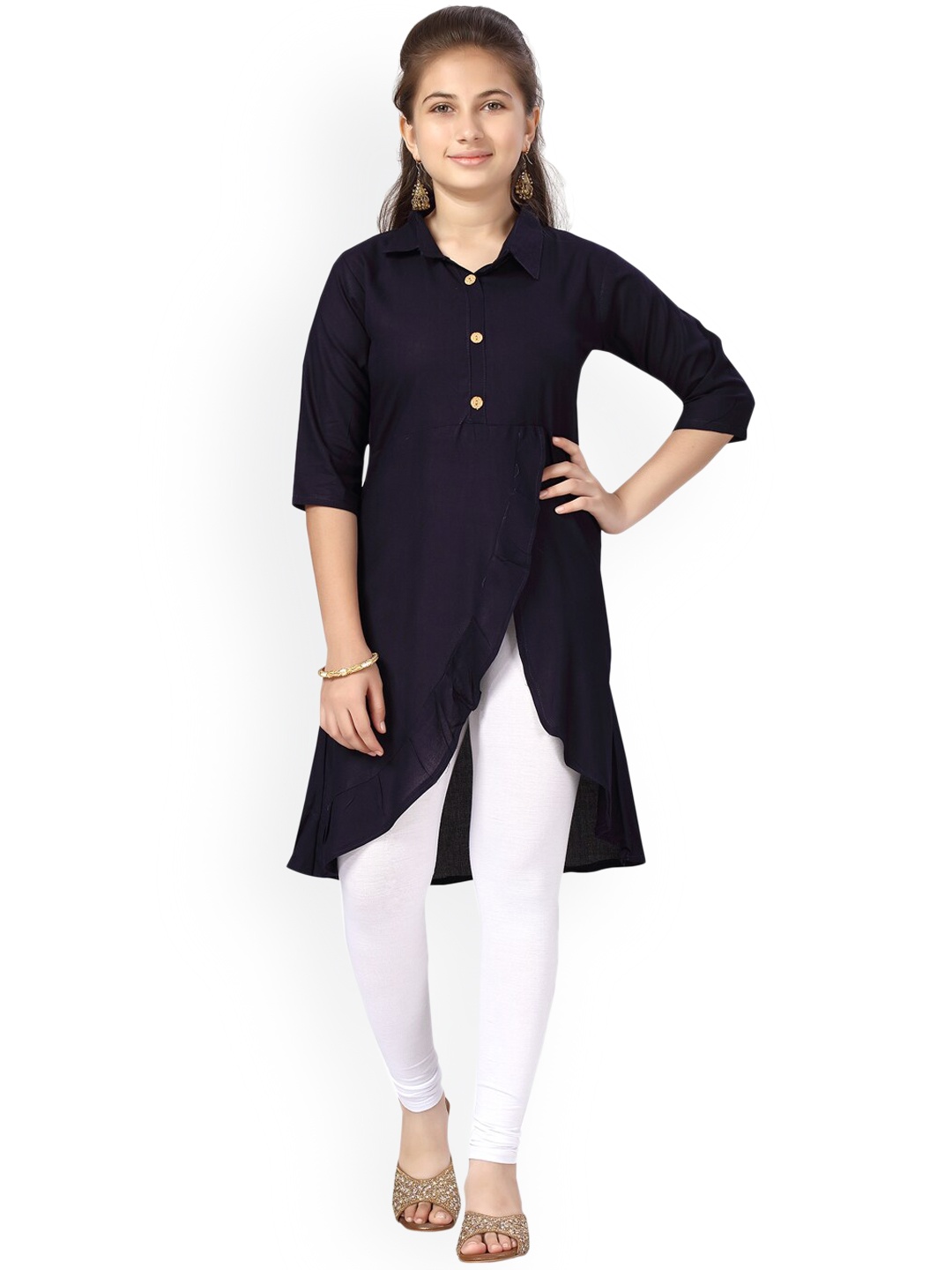 Aarika Girls Navy Blue Pure Cotton Kurta With Leggings Set