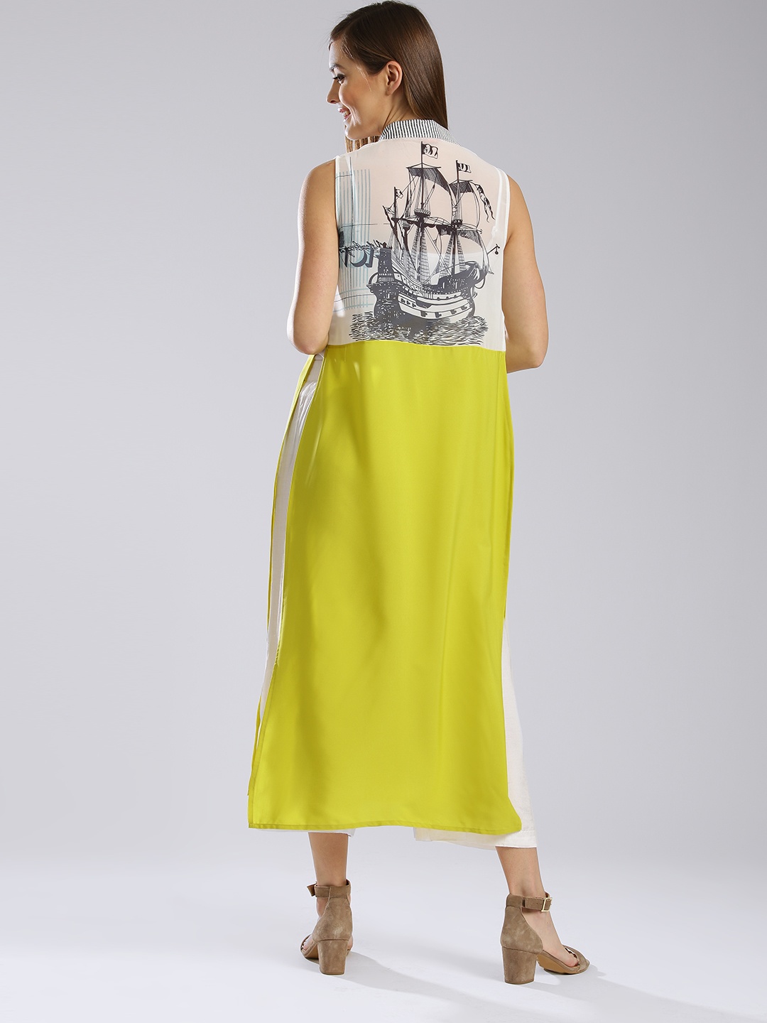 W White & Lime Green Colourblock Front Open Longline Sheer Ethnic Jacket, Off white
W White & Lime Green Colourblock Front Open Longline Sheer Ethnic Jacket, Off white