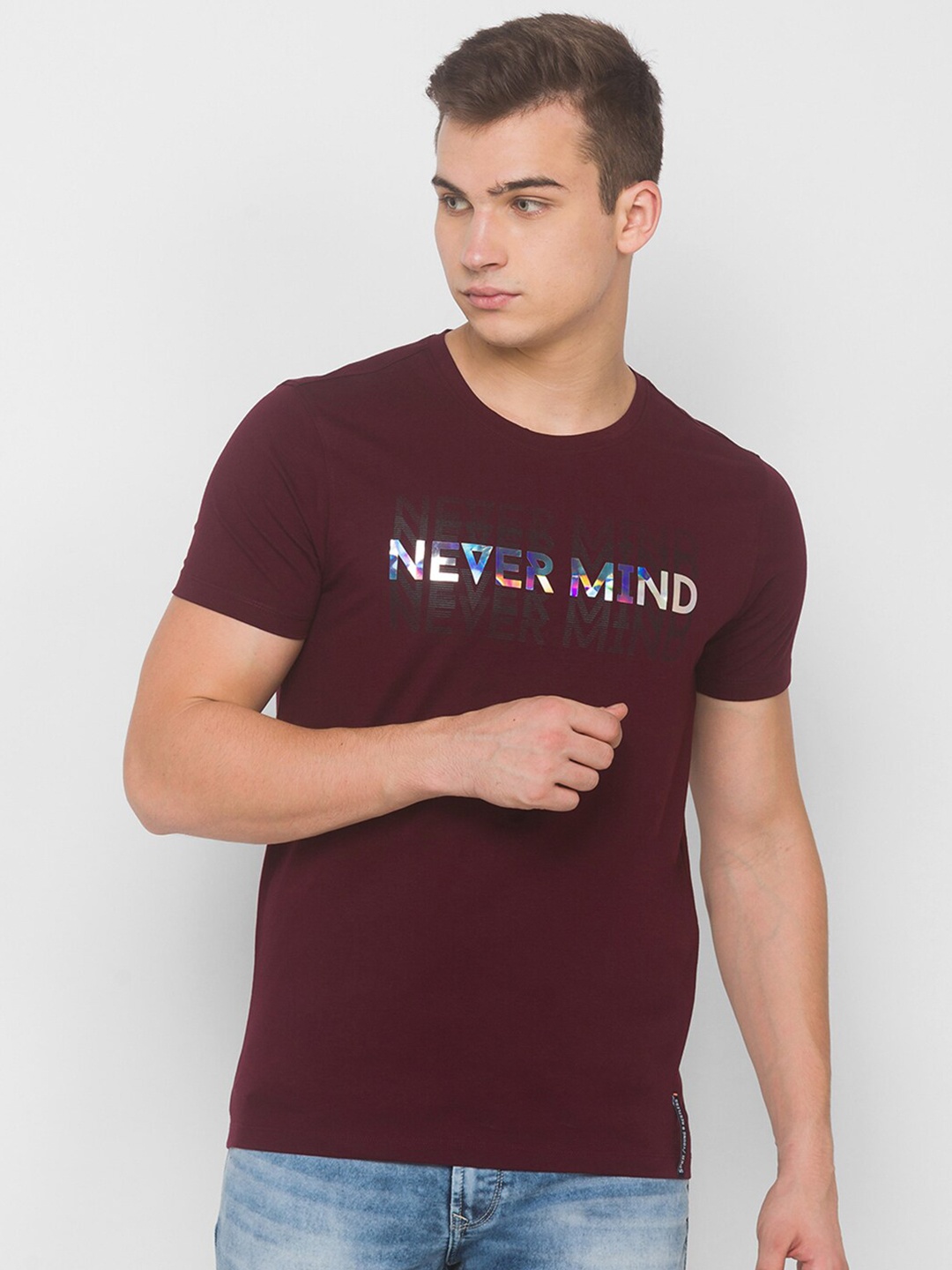 SPYKAR Men Red & White Typography Printed Slim Fit T-shirt