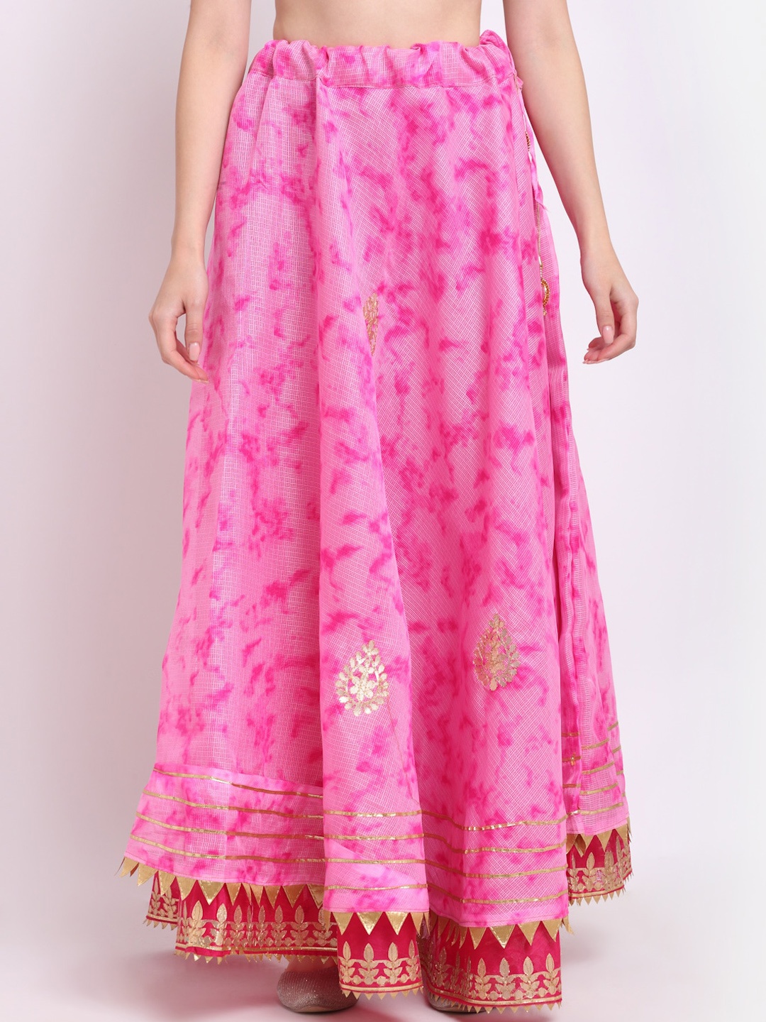 SOUNDARYA Women Pink Printed Flared Maxi Skirt With Gota Patti Work