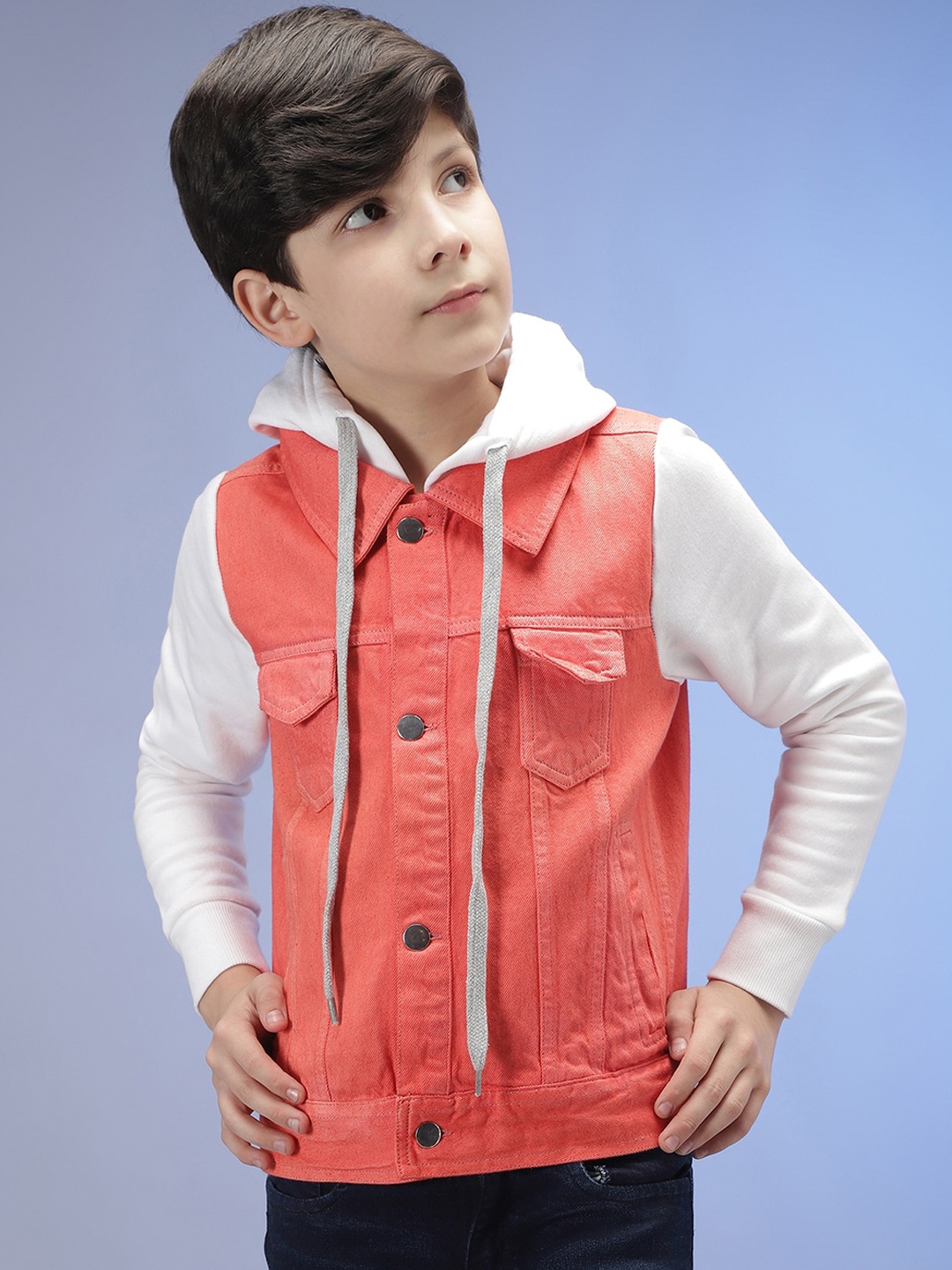 Instafab Boys Red Colourblocked Stylish Casual Denim Jacket