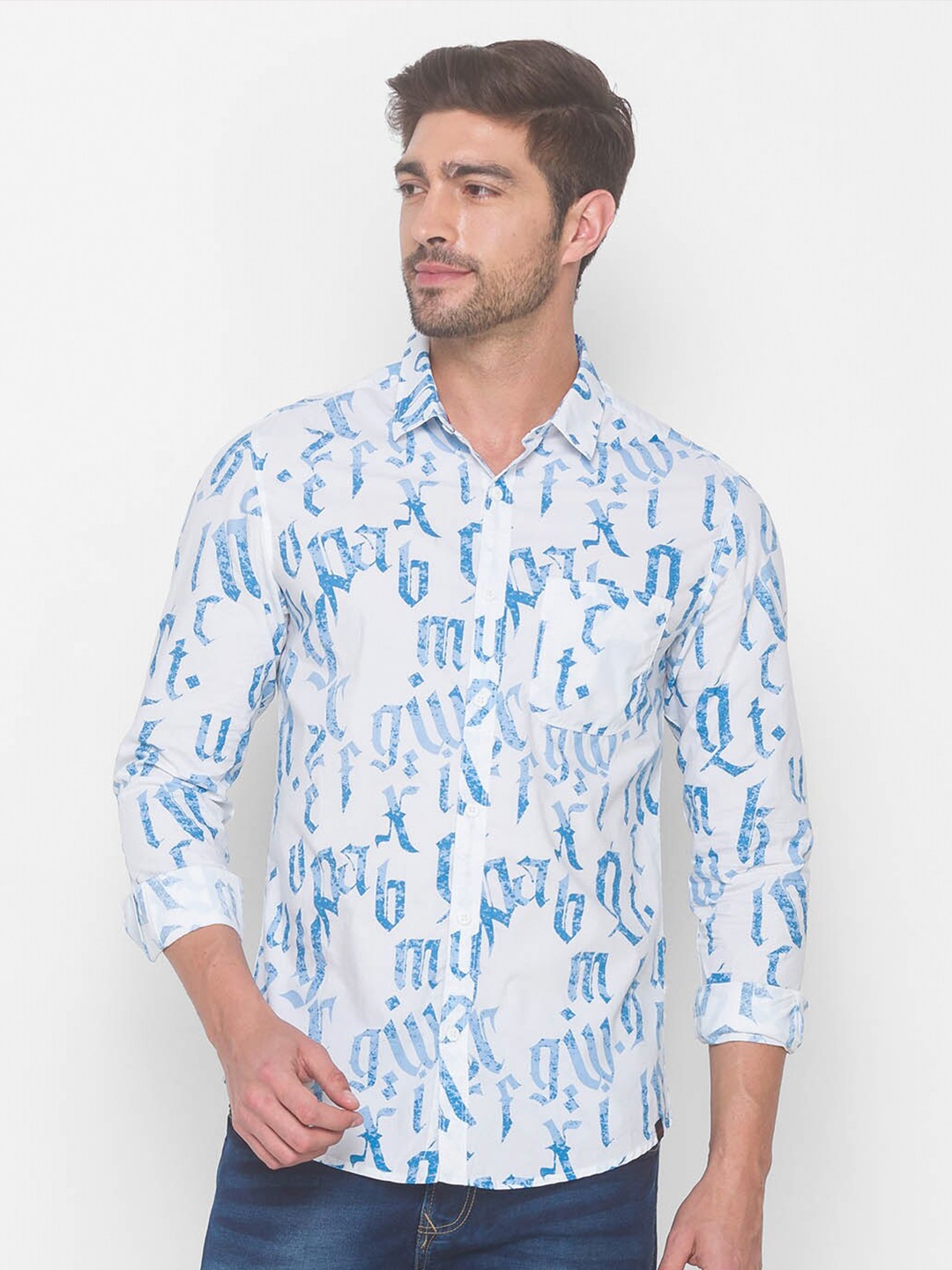 SPYKAR Men White Slim Fit Printed Casual Shirt