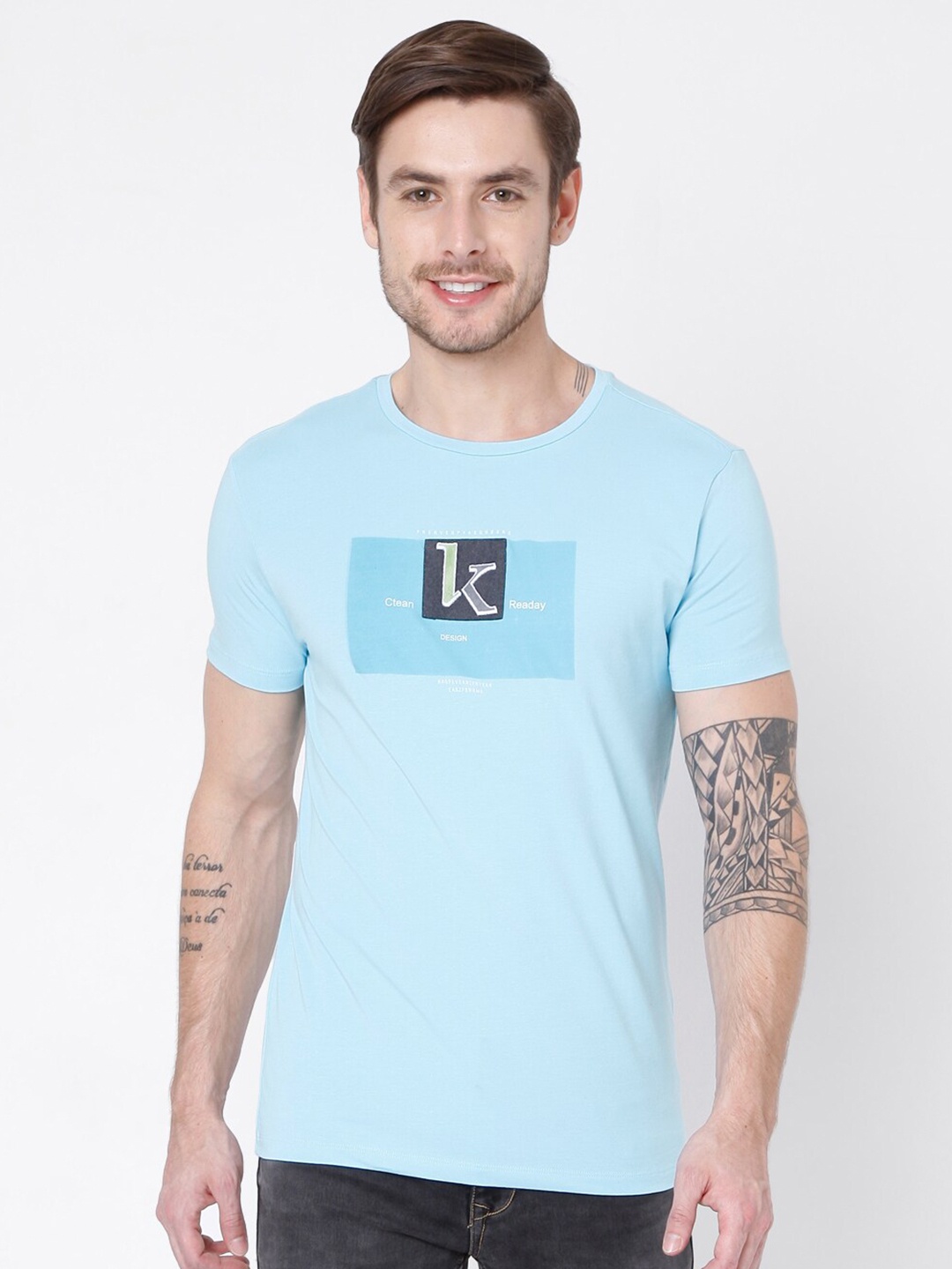 Rex Straut Jeans Men Blue Typography Printed Slim Fit T-shirt