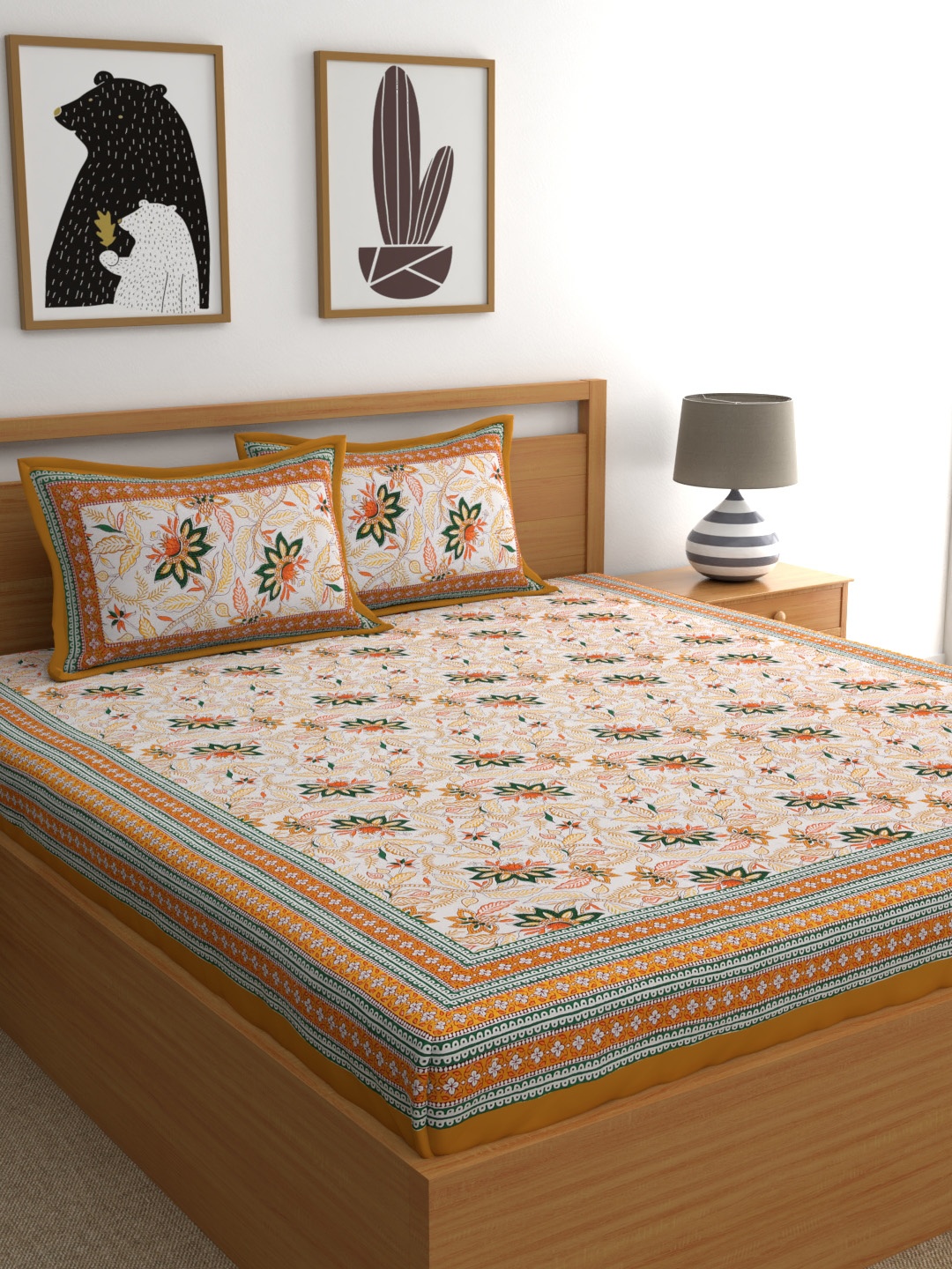 INDISTORI Cream-Coloured & Green Ethnic Motifs 300 TC King Bedsheet with 2 Pillow Covers
INDISTORI Cream-Coloured & Green Ethnic Motifs 300 TC King Bedsheet with 2 Pillow Covers