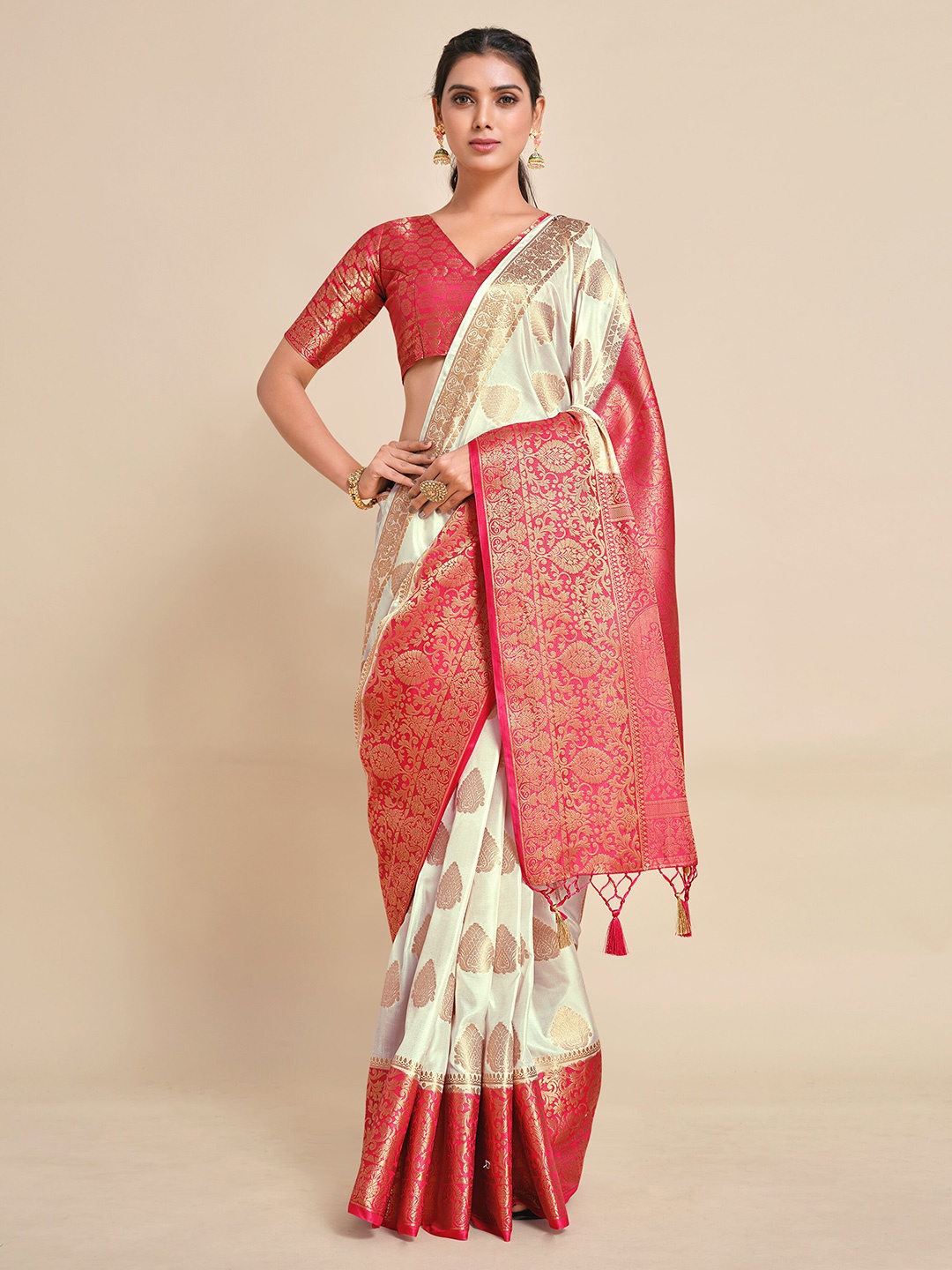 MIMOSA Beige & Fuchsia Ethnic Motifs Zari Art Silk Kanjeevaram Saree
