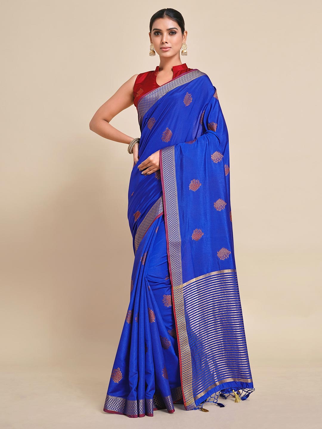 MIMOSA Blue & Maroon Floral Zari Art Silk Kanjeevaram Saree