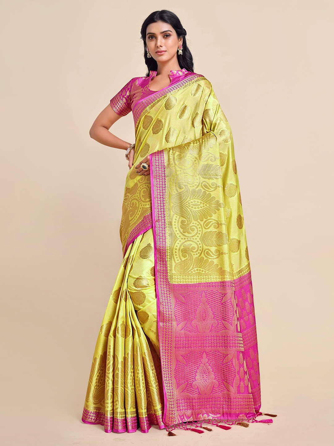 MIMOSA Lime Green & Pink Ethnic Motifs Zari Art Silk Kanjeevaram Saree