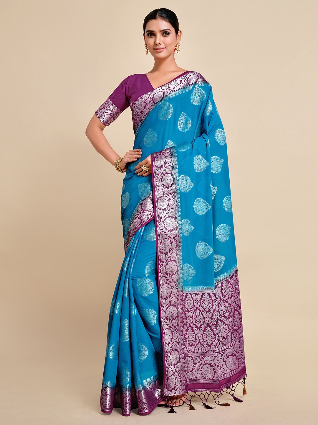 MIMOSA Turquoise Blue & Magenta Ethnic Motifs Banarasi Saree