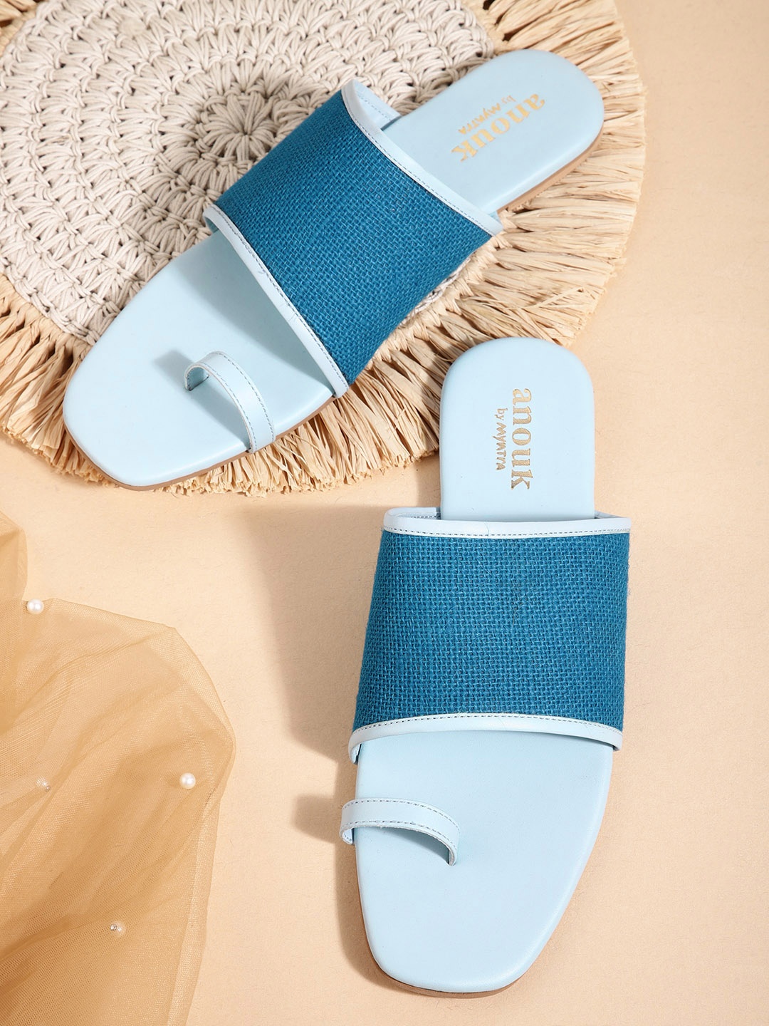 Anouk Women Blue Solid Textured One Toe Flats