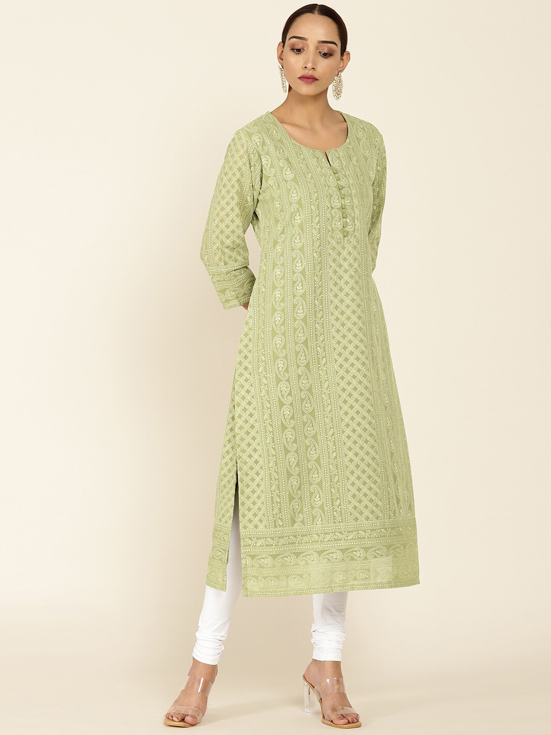 Soch Women Green Chikankari Work Georgette Kurta