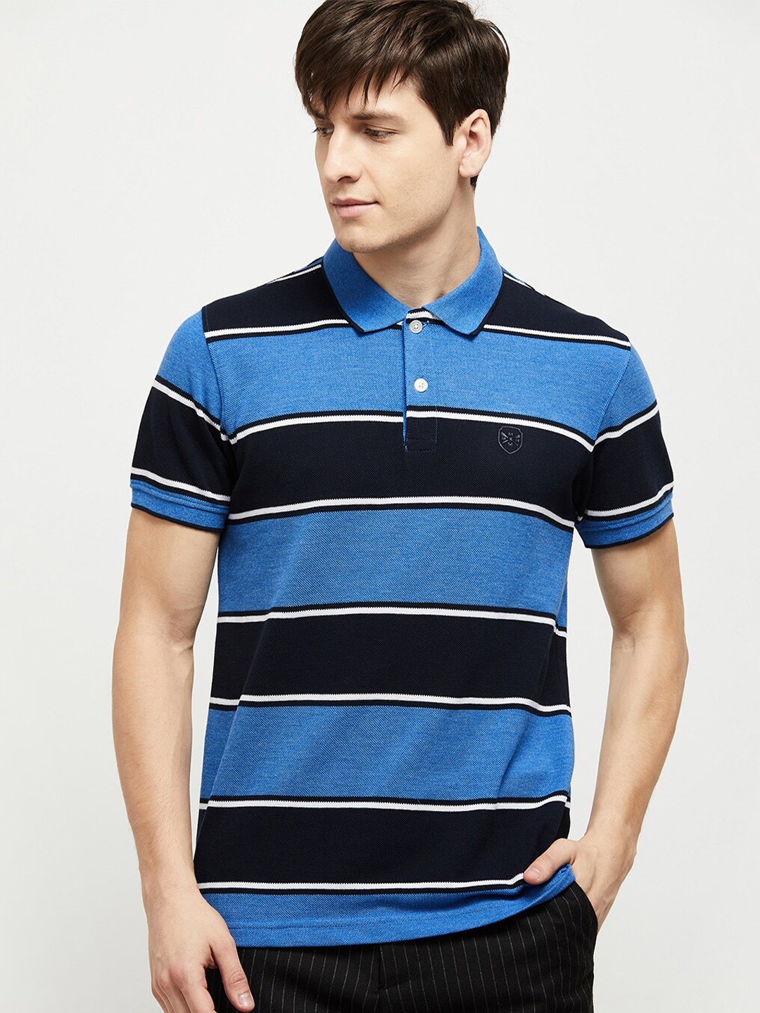max Men Blue Striped Polo Collar Slim Fit T-shirt
